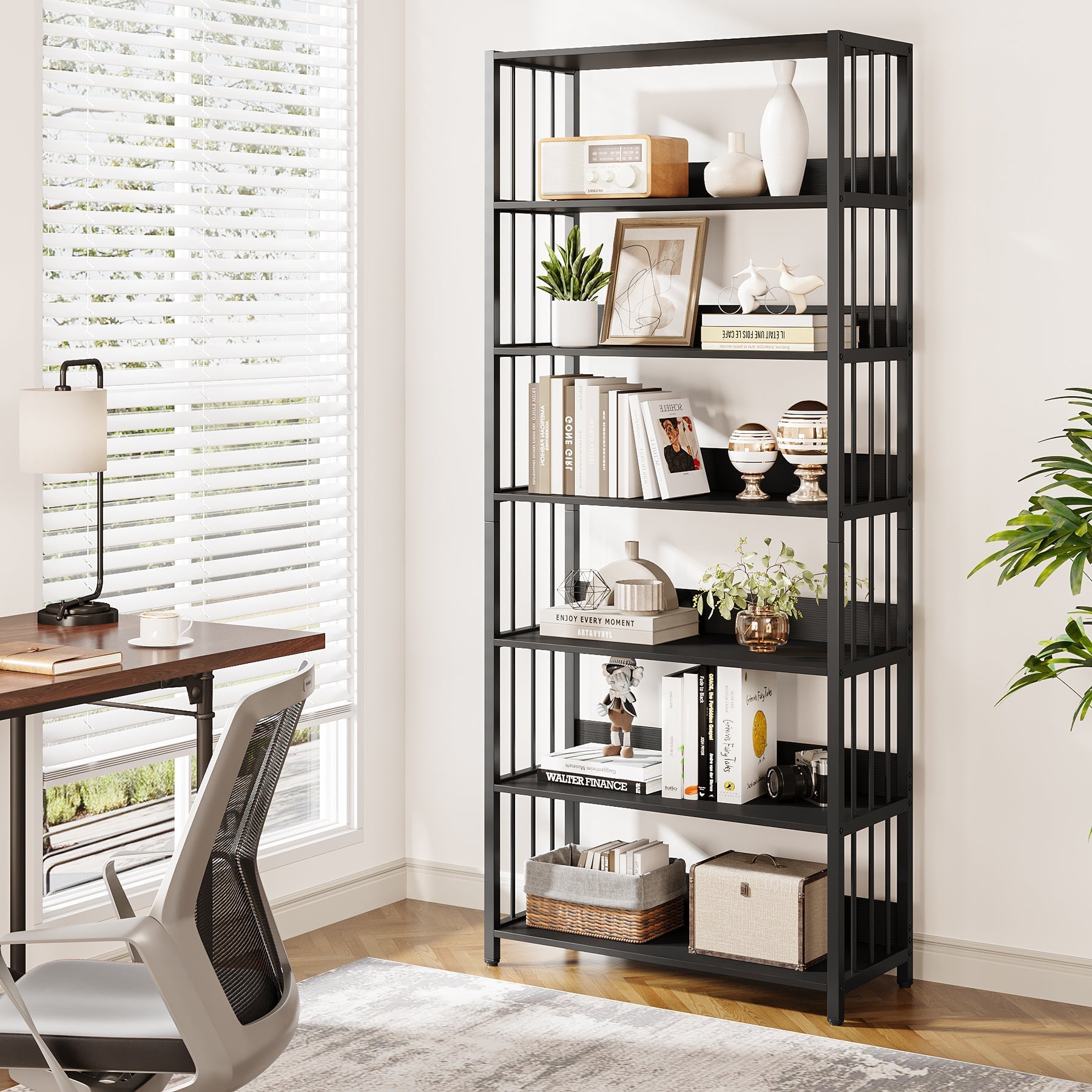6-Tier Bookshelf, Vintage Storage Display Rack with Open Shelves (Approx. 152 cm)