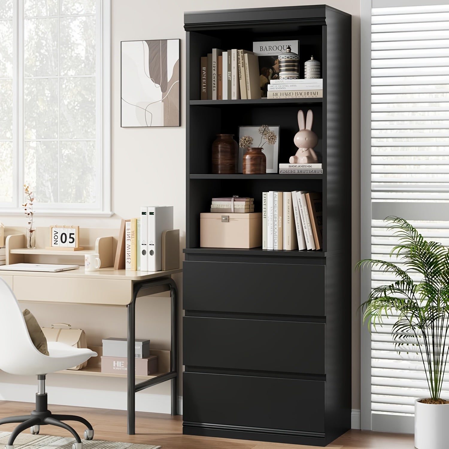 5-Tier Bookshelf With Drawers - Tall Vintage Bookcase With Metal Frame, Farmhouse Corner Shelf And Storage For Home Office, Living Room, Bedroom, Or Bathroom