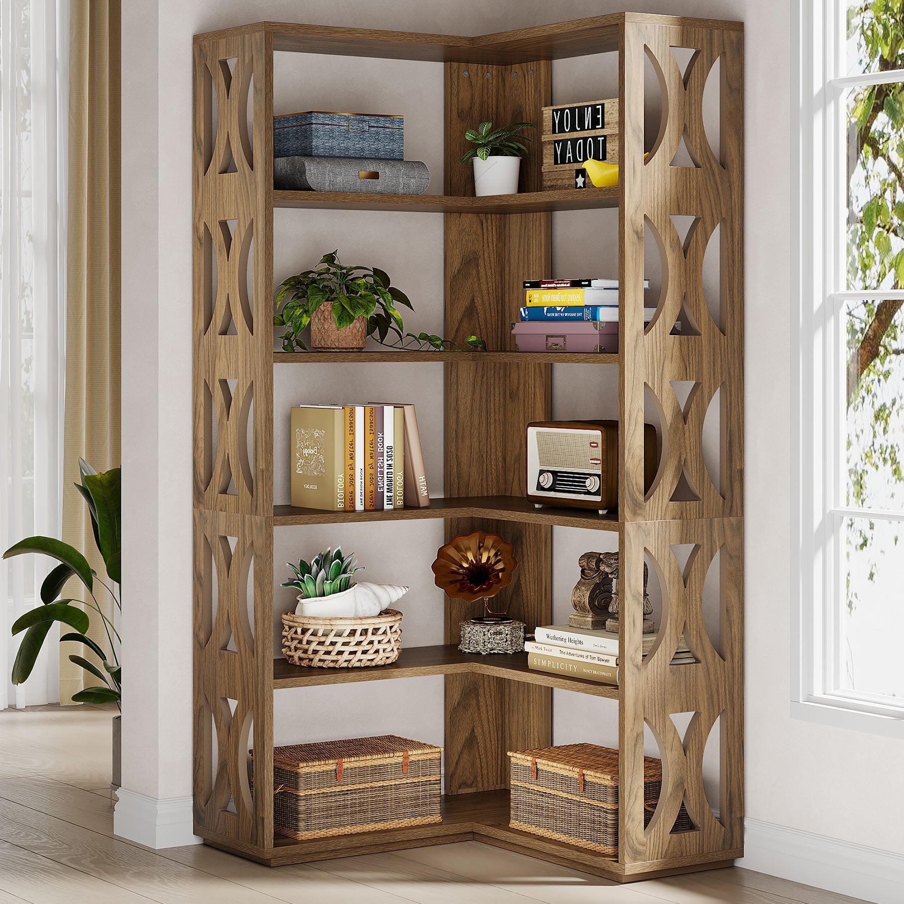 167.6 cm Corner Bookshelf, 5-Tier Bookcase Etagere Display Shelf