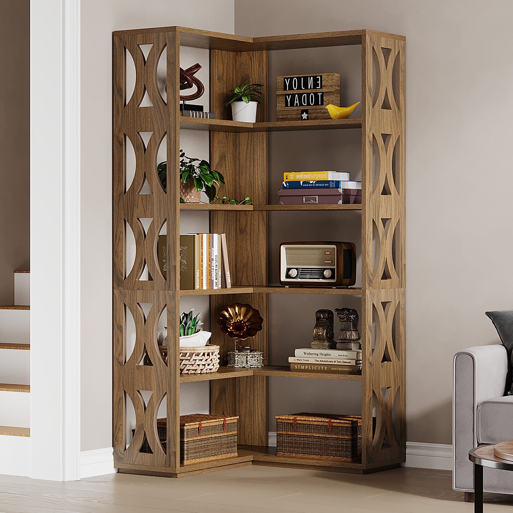 167.6 cm Corner Bookshelf, 5-Tier Bookcase Etagere Display Shelf