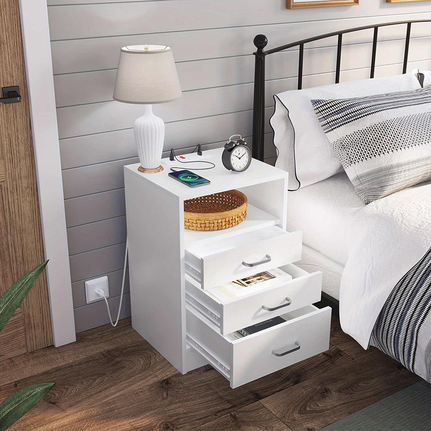 Nightstand with 3 Drawers and USB Port Charging Station, Bedroom End Table Side Table with Open Storage, Grey/White/ Black