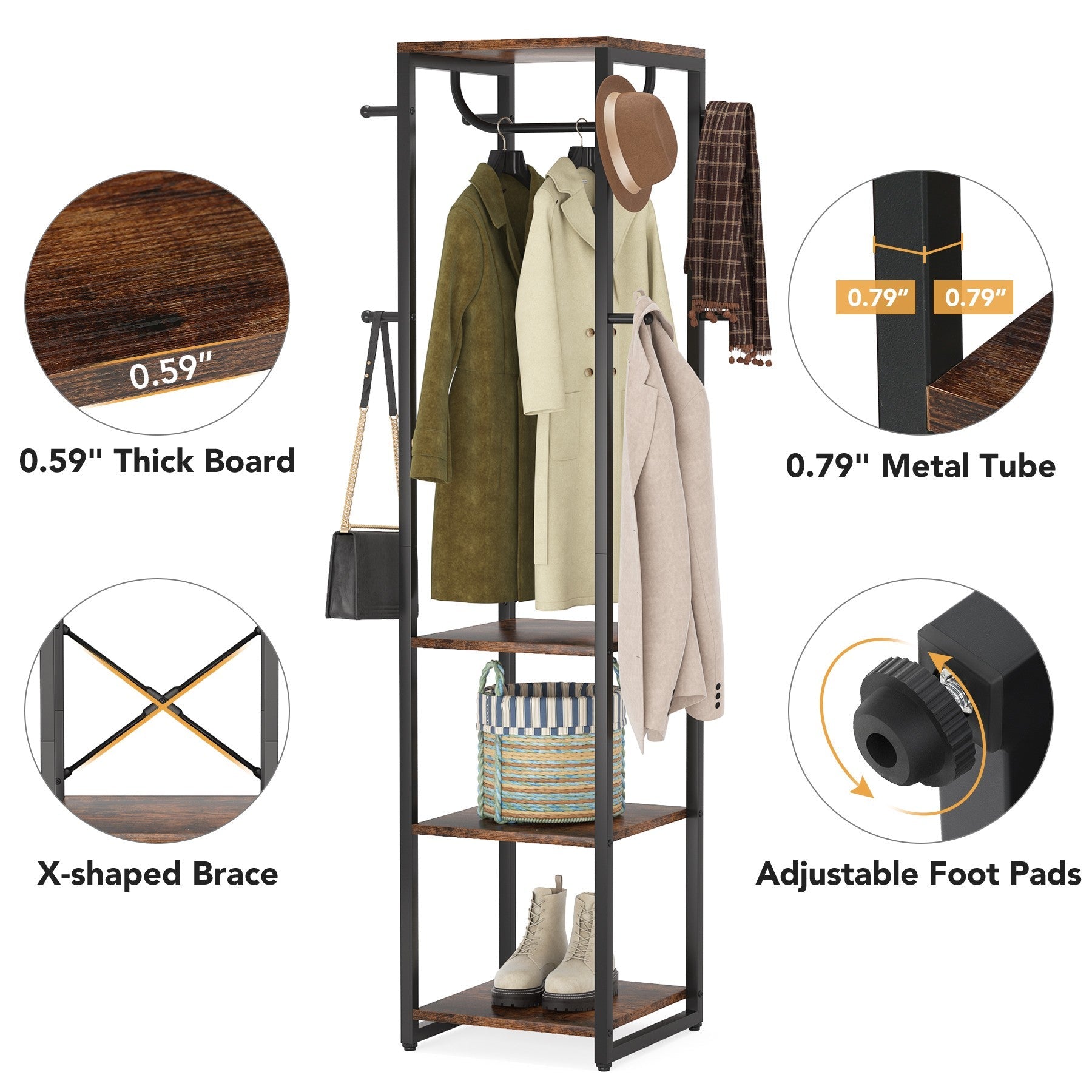 Freestanding Coat Rack, Industrial Corner Hall Tree with 10.16 cm Shelves and 8 Hooks