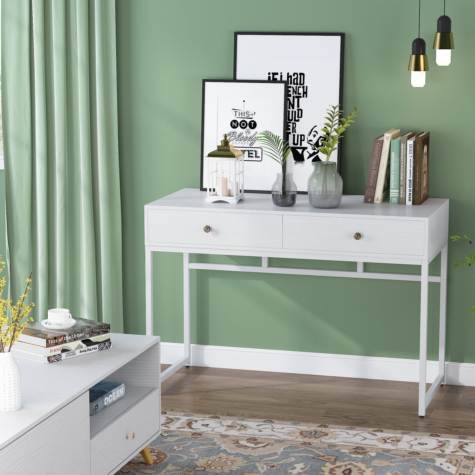 Modern Computer Desk with 2 Drawers, 120 cm Simple Study Writing Desk