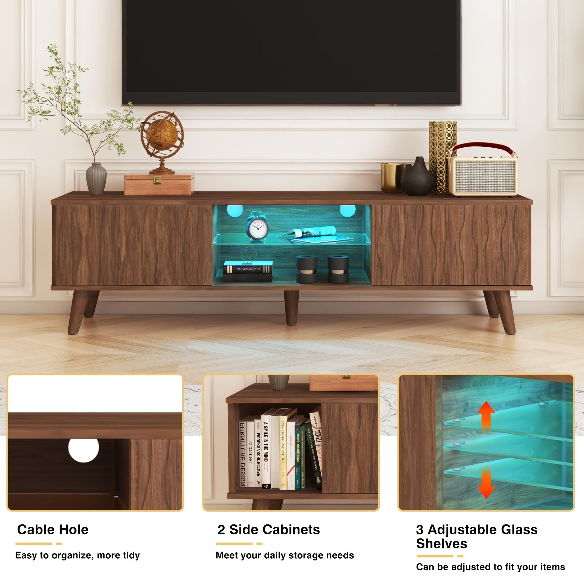 1pc Modern Walnut Finish TV Stand for Up to 178cm Screens, Freestanding Hardwood & MDF Media Console with Sliding Door, Cabinet Design, Ample Storage, Easy Assembly, No Power Needed