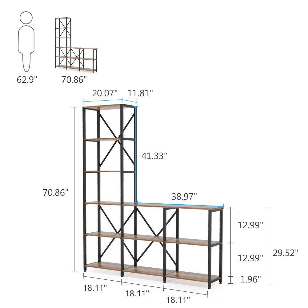 9-Shelf Bookshelf, Industrial Ladder Corner Etagere Bookcase (Converted to cm)