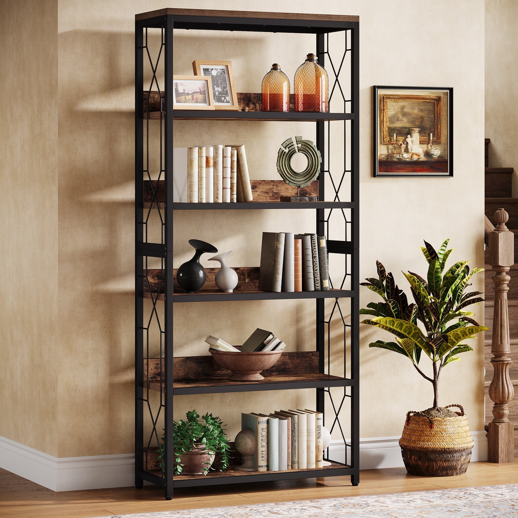 180 cm Bookshelf, 5-Tier Open Bookcase Storage Etagere