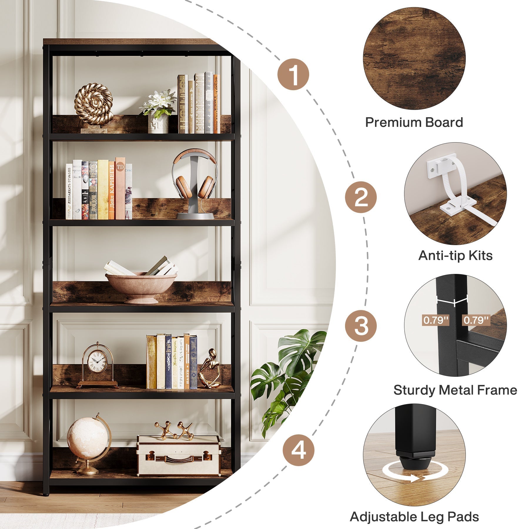 180 cm Bookshelf, 5-Tier Open Bookcase Storage Etagere