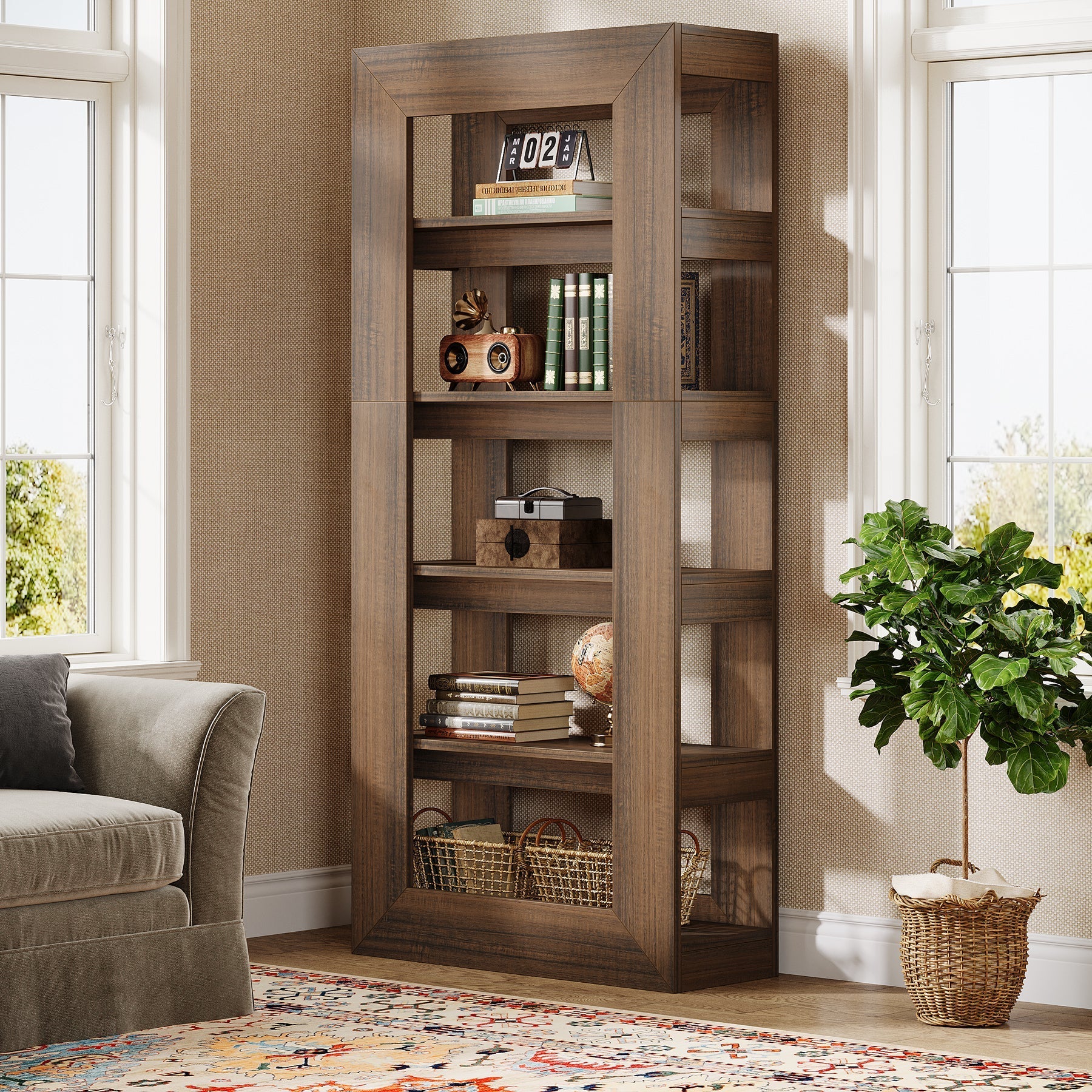180 cm Bookcase, 5-Tier Wooden Bookshelf Storage Display Etagere