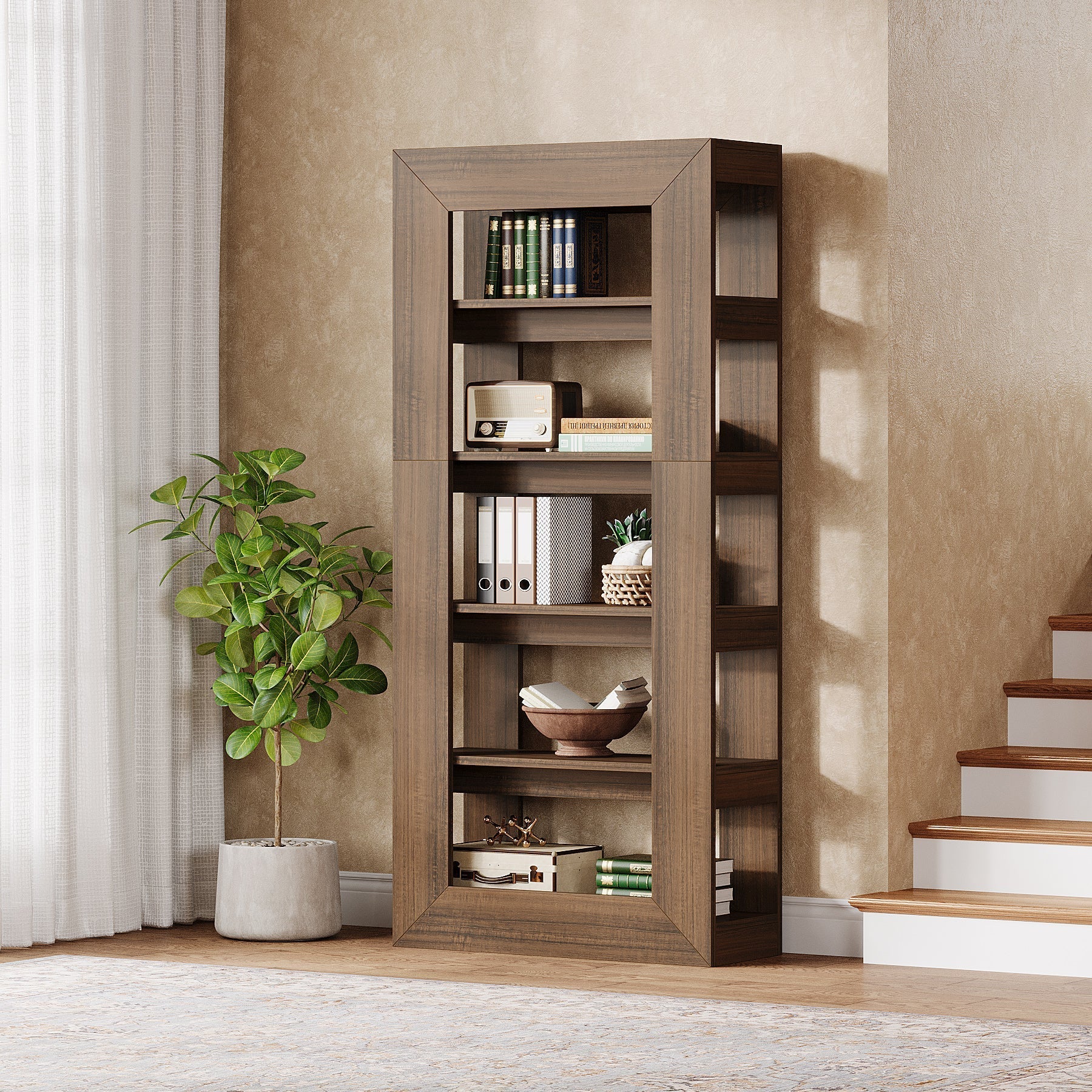 180 cm Bookcase, 5-Tier Wooden Bookshelf Storage Display Etagere