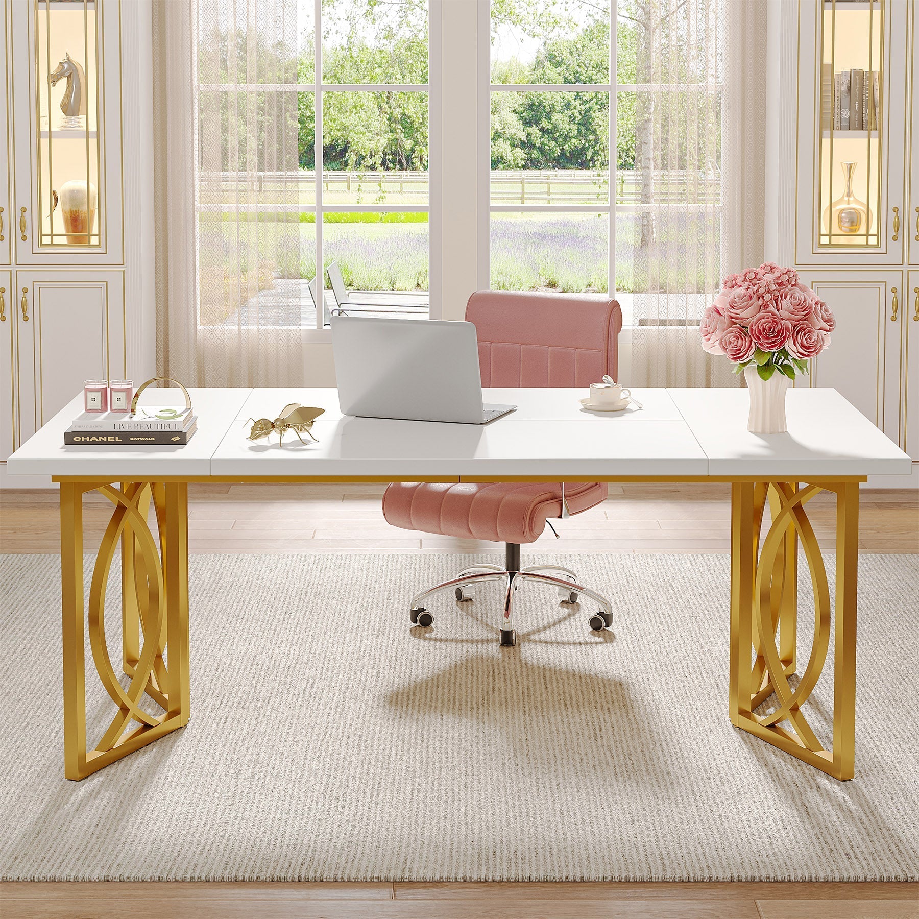 180 cm Executive Table, Wood Computer Desk with Metal Frame for Home Office