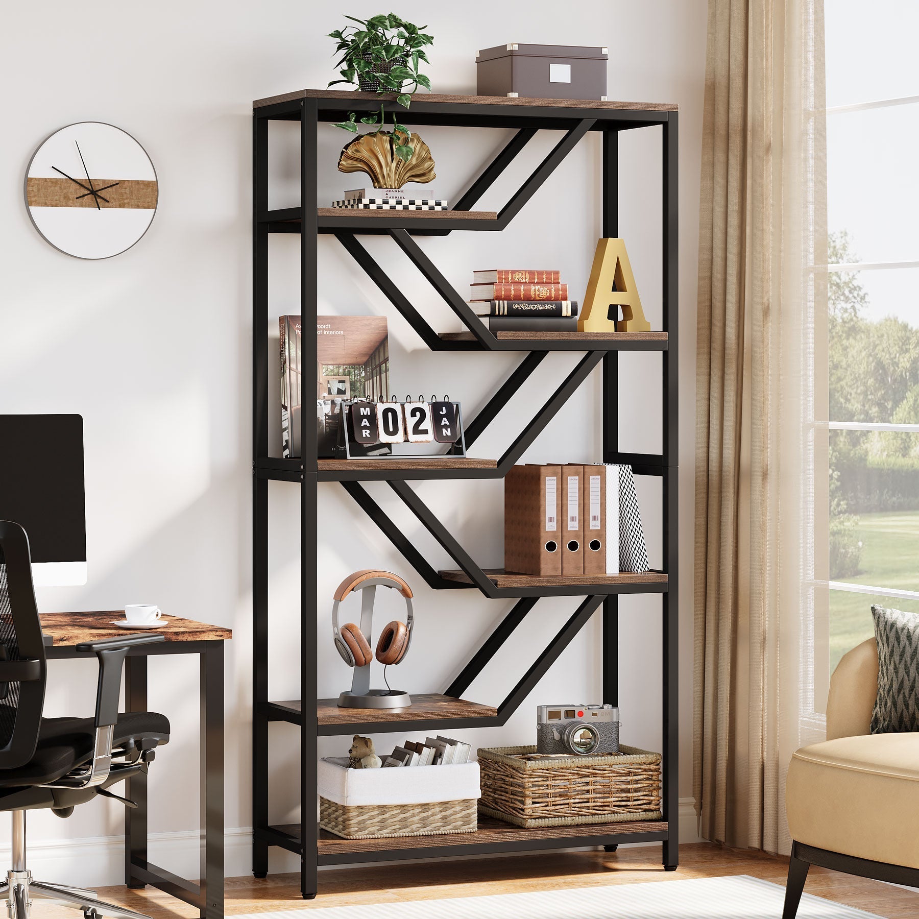 183 cm Bookshelf, 6-Tier Bookcase Etagere Open Storage Organizer