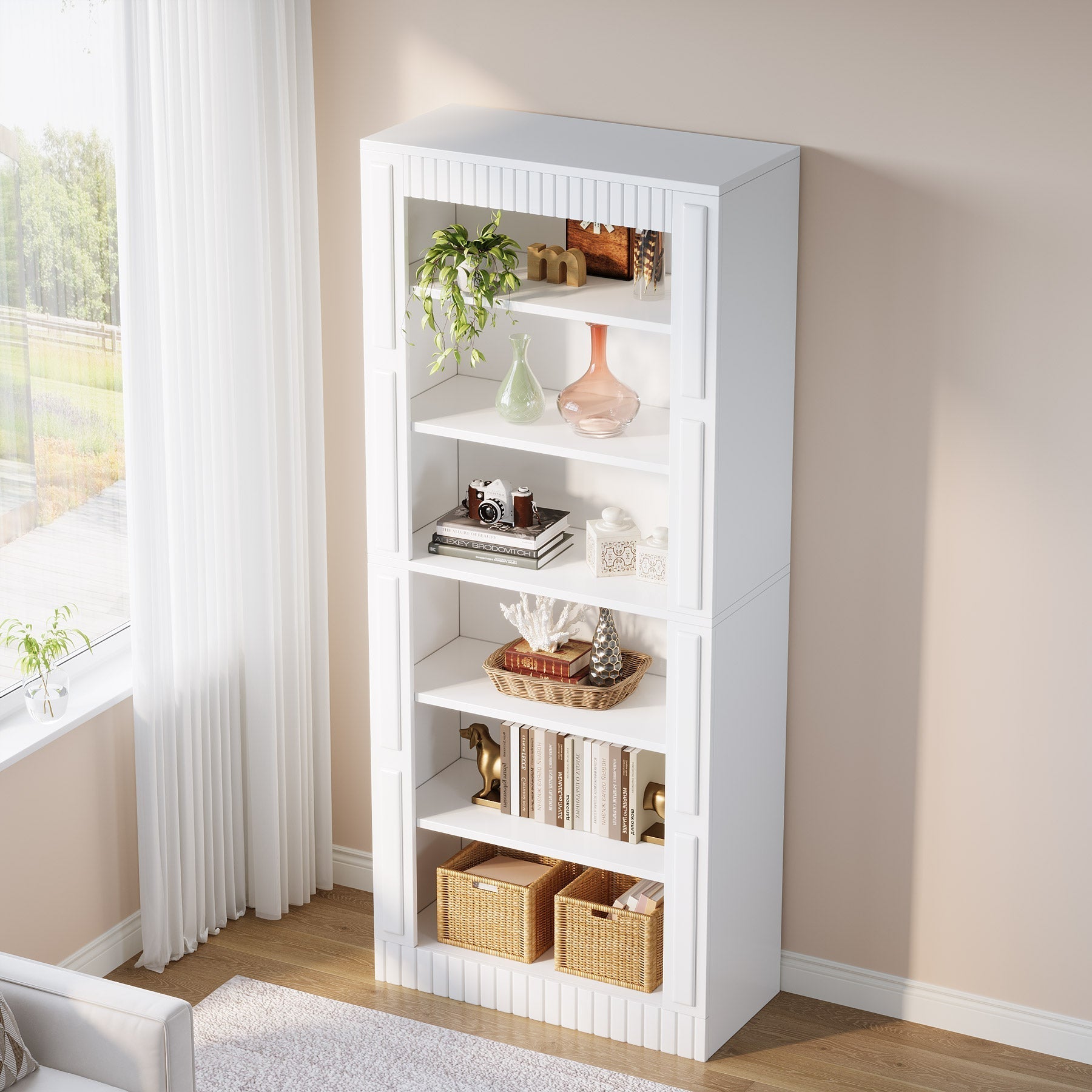 185 cm Modern Bookcase, 6-Tier Tall Etagere Bookshelf with Storage Shelves