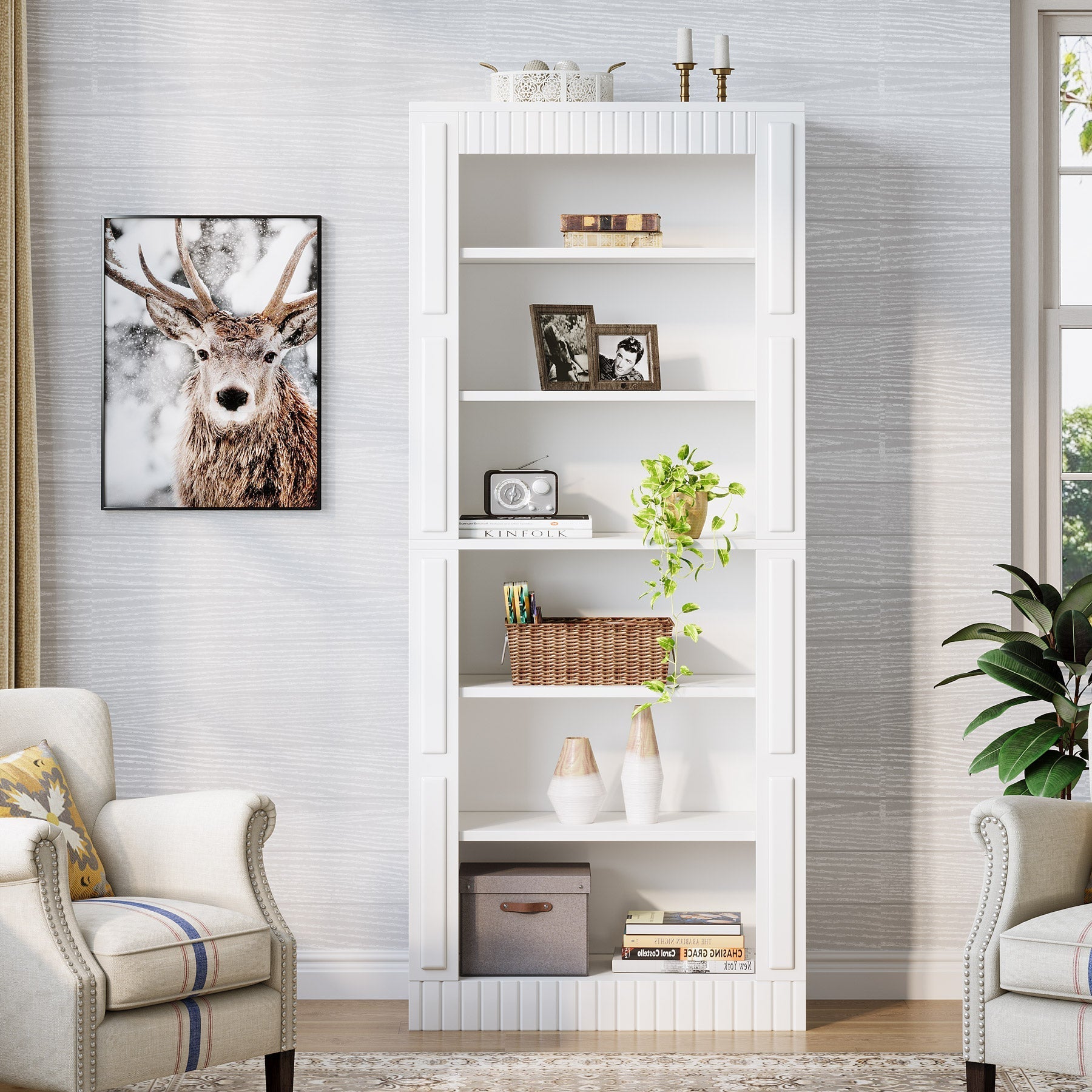 185 cm Modern Bookcase, 6-Tier Tall Etagere Bookshelf with Storage Shelves