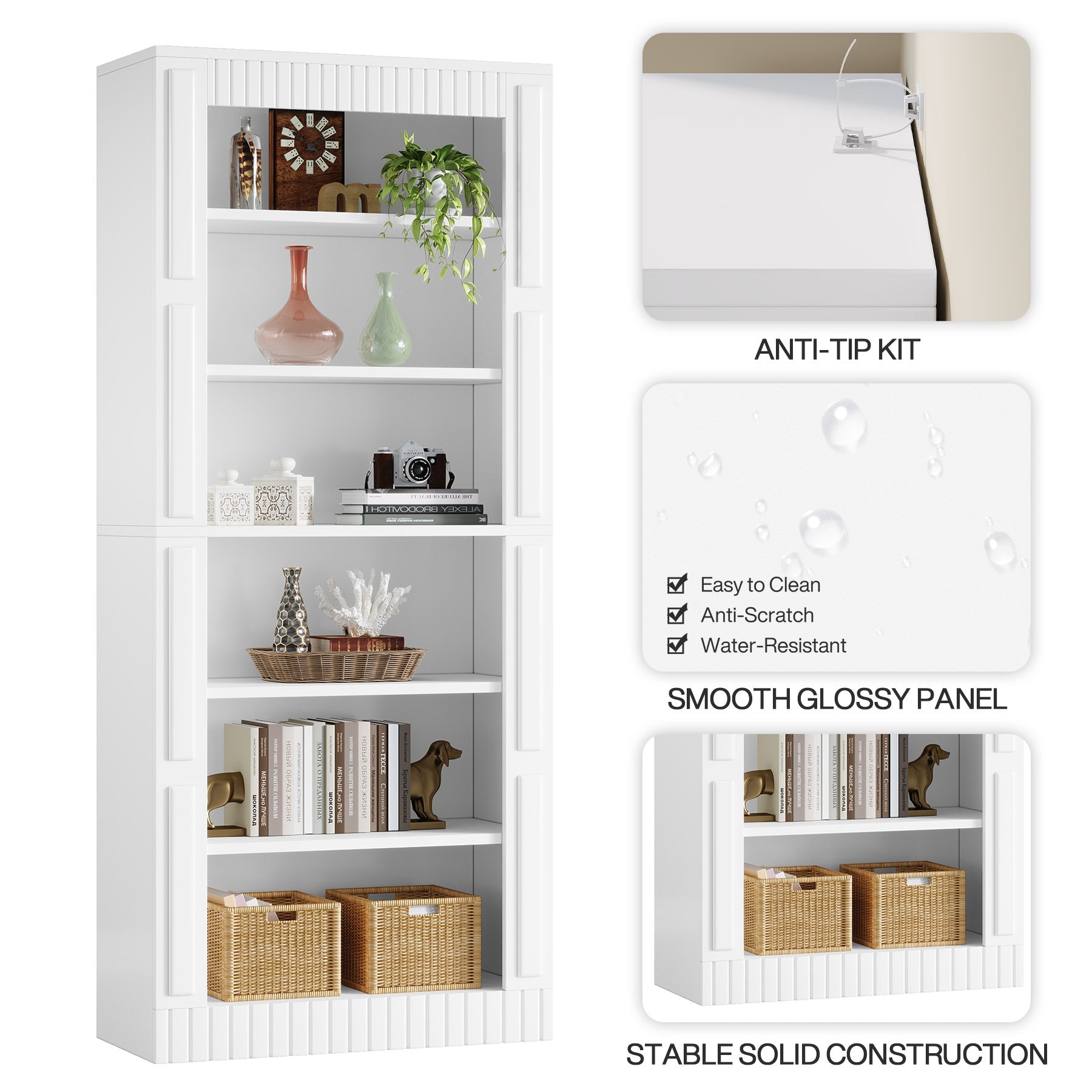185 cm Modern Bookcase, 6-Tier Tall Etagere Bookshelf with Storage Shelves