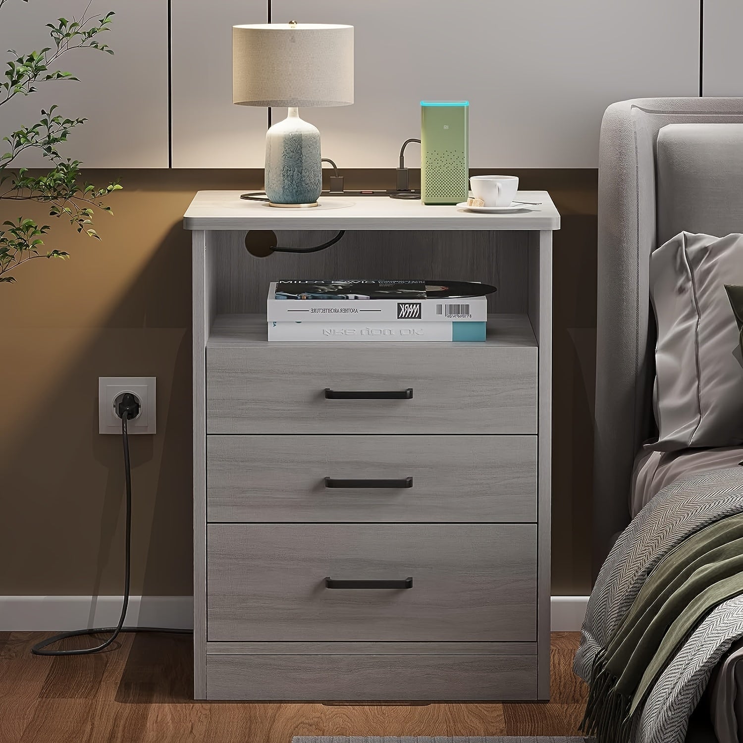 Nightstand with 3 Drawers and USB Port Charging Station, Bedroom End Table Side Table with Open Storage, Grey/White/ Black