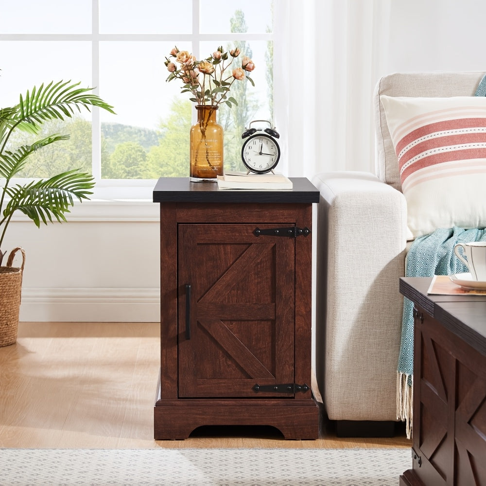 Farmhouse End Table Nightstand, Multifunctional Pedestal Base Sofa Side Table, Rustic Wooden Farmhouse Style, with Barn Door and Adjustable Shelf, for Living Room, Bedroom - No Electricity Required