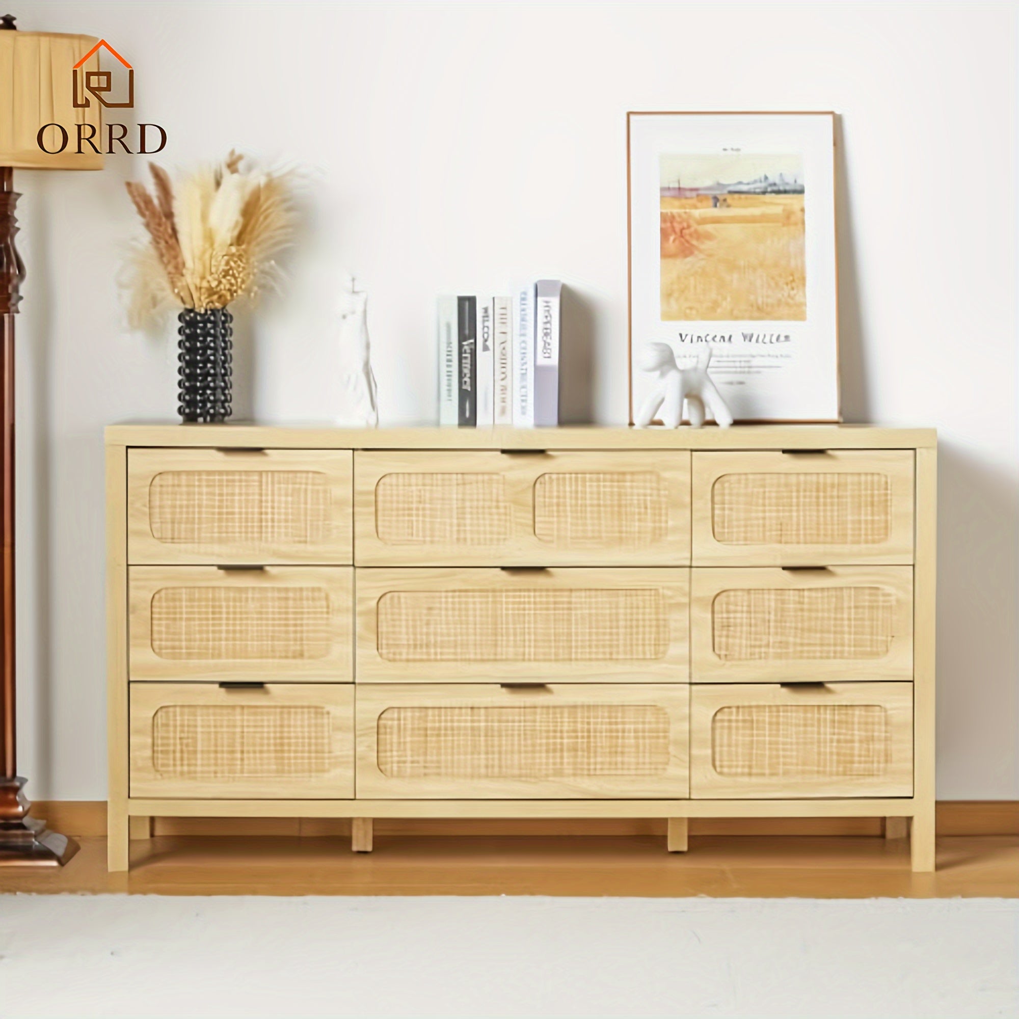 9 Drawer Dresser, Modern Rattan Dresser Chest With Large Storage And Metal Handles, Rustic Wood Storage Chest Of Drawers For Bedroom, Living Room, Entryway