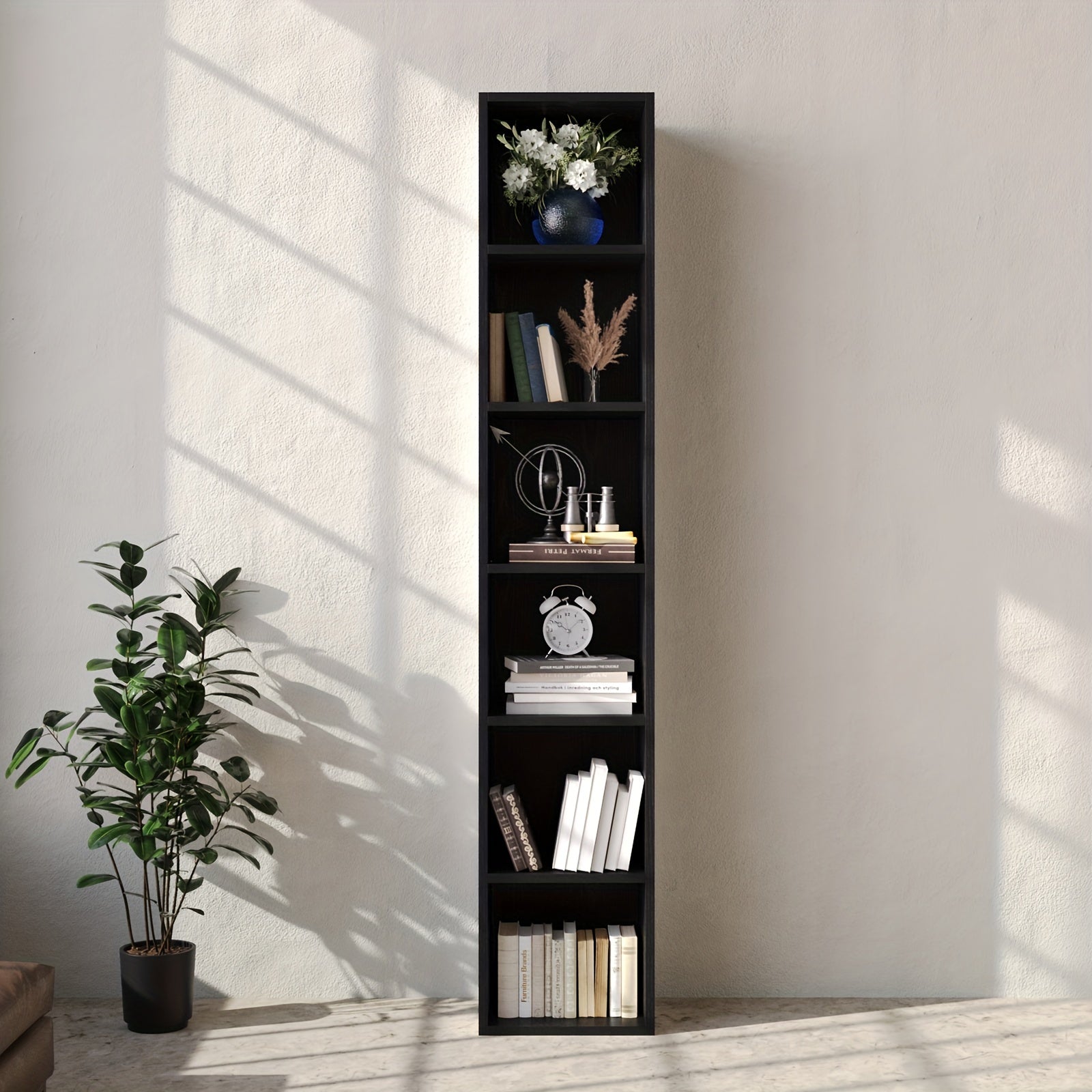 6 Tier Tall Narrow Bookcase, Modern Corner Bookcase, Cube Media Tower Rack, Cabinet, Floor Standing Display Storage Shelves For Small Spaces, For Home Office, Avaliable In Brown, Black And White Color