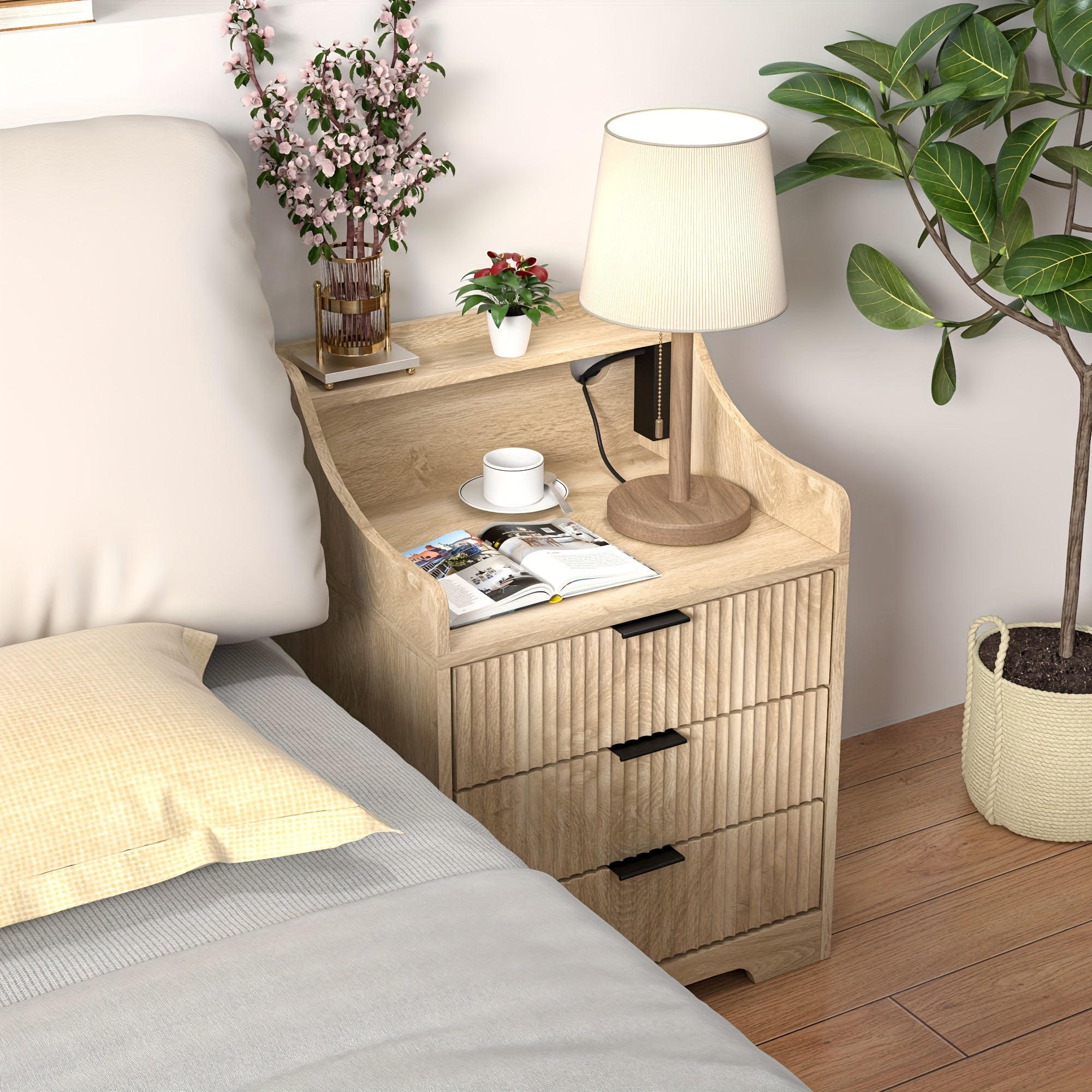 Modern Fluted Nightstand With 3 Drawer, Mid-Century Side Table Night Stand Bedside End Table Nightstand For Bedroom, Living