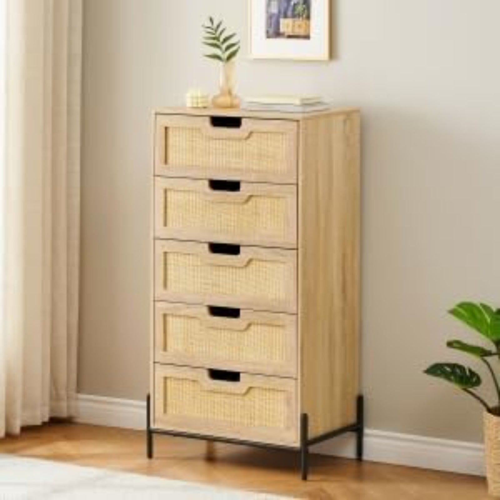 Natural Rattan 5 Drawer Dresser, Chest of Drawer, Farmhouse Storage Cabinet with Solid Metal Legs, Modern Storage Unit for Bedroom, Living Room, Entryway, Oak