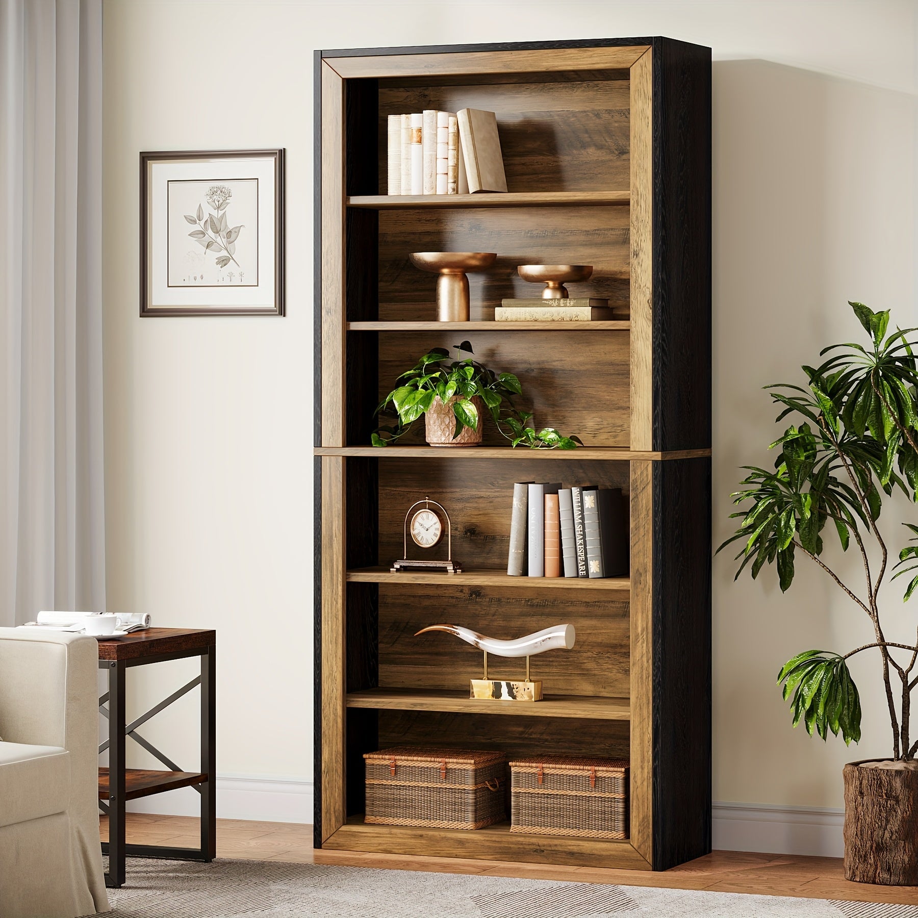 187cm Tall Bookcase, 7 Tiers Wood Open Display Floor Bookshelf, Vintage Open Display Storage Shelves TV Stand For Home Office, Living Room, Bed Room, Brown + Black