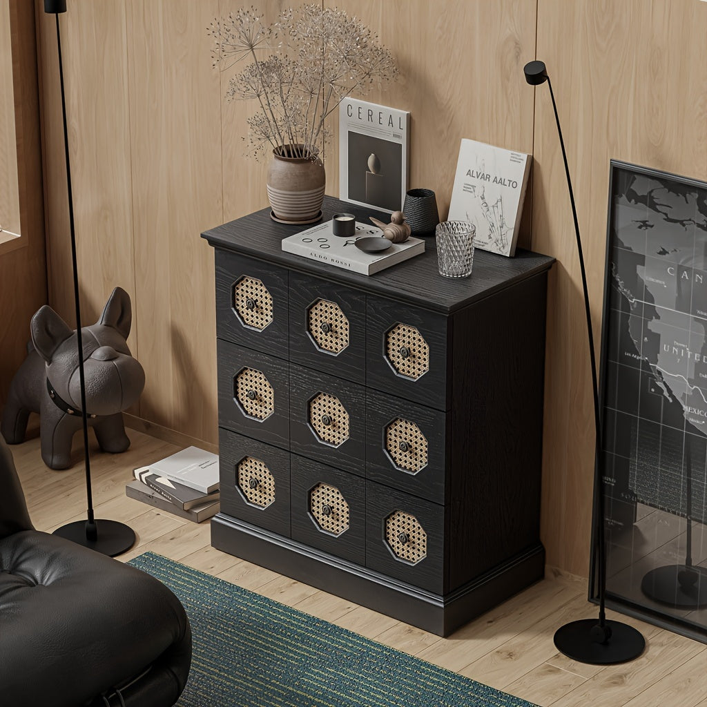 Farmhouse Rattan 3-Drawer Nightstand, Retro Chest Of Drawers With Octagonal Rattan Patterns For Bedroom, Living Room, Fully-Assembled, Black