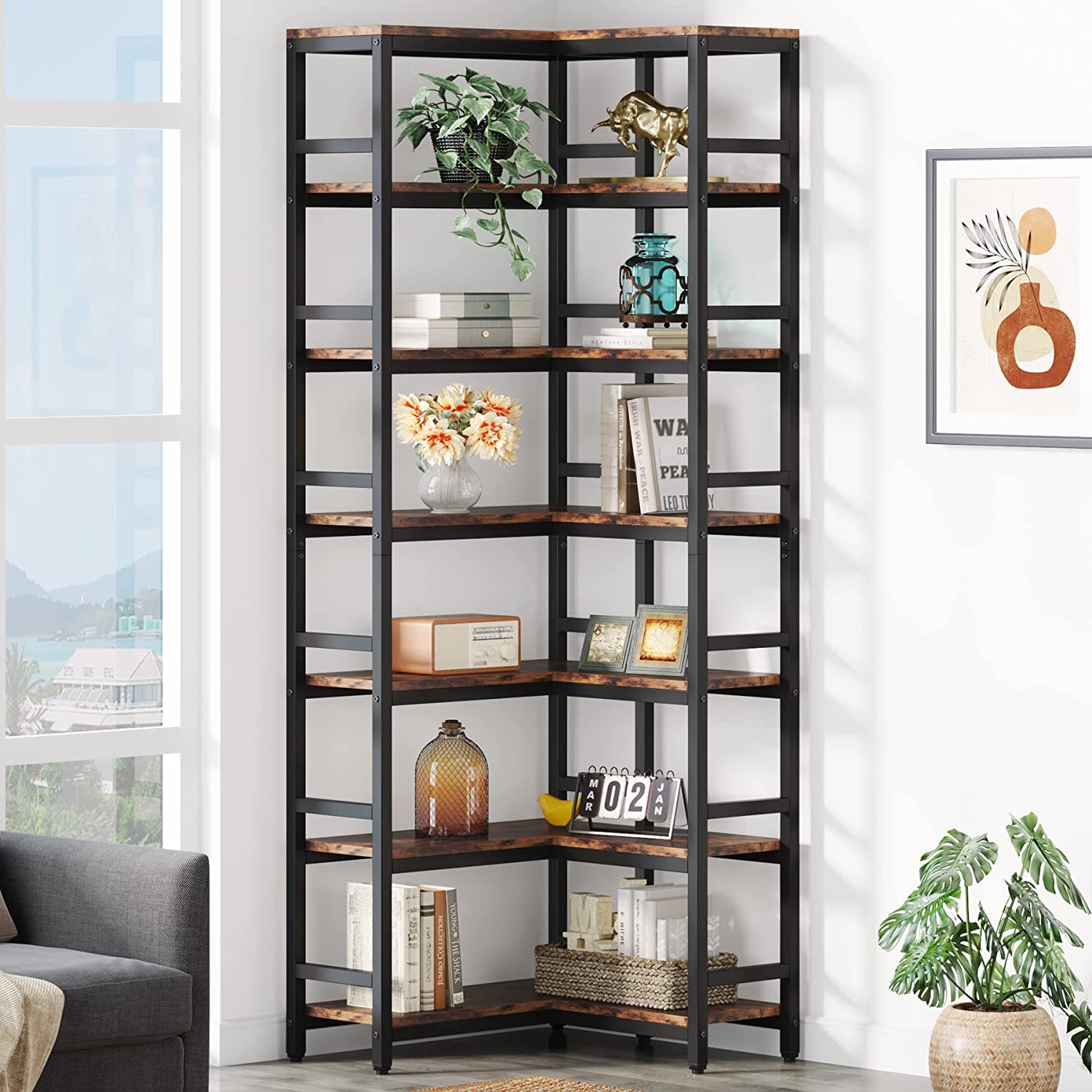 Industrial Corner Bookshelf, 5-Tier/7-Tier Bookcase Etagere Display Rack (in cm)