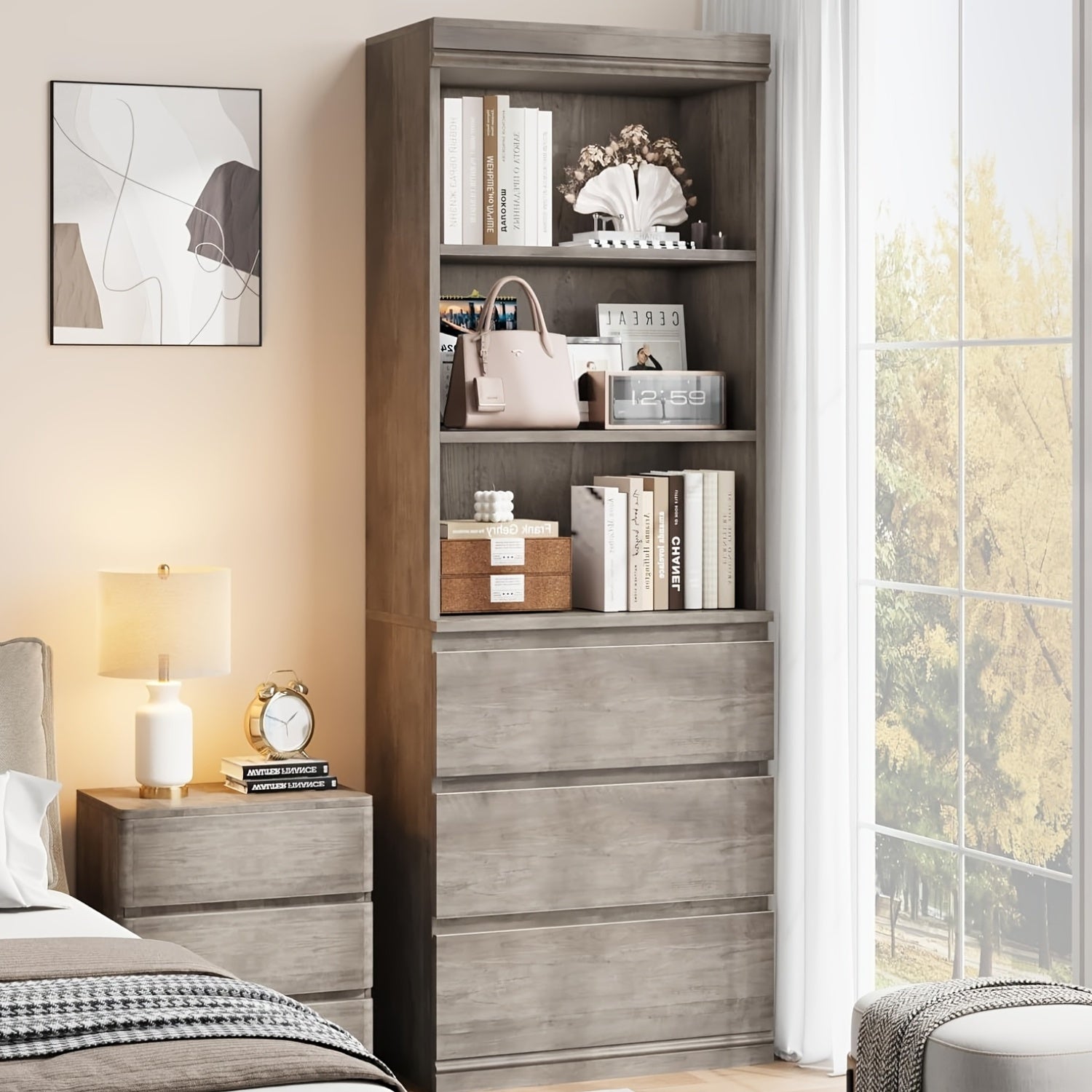 5-Tier Bookshelf With Drawers - Tall Vintage Bookcase With Metal Frame, Farmhouse Corner Shelf And Storage For Home Office, Living Room, Bedroom, Or Bathroom