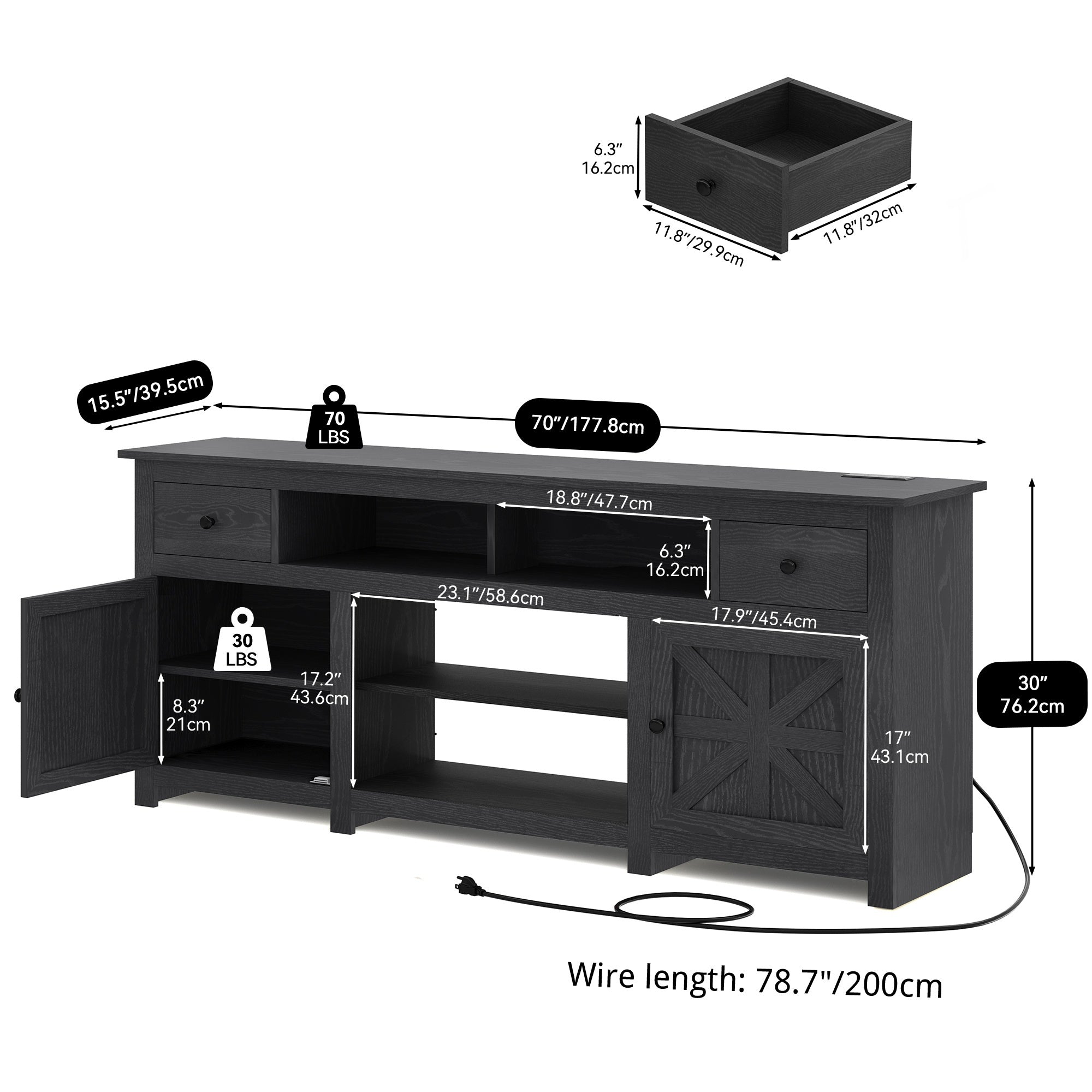 Farmhouse Entertainment Center, Wood TV Stand for 203cm TV, Storage, Hardwired Room Electrical Fireplace, 110-130V, with No Ignition Function, for White/Black (70 Inch)