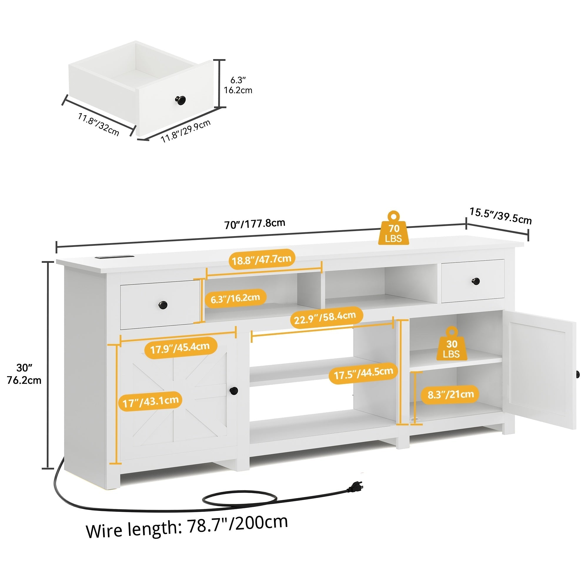 Farmhouse Entertainment Center, Wood TV Stand for 203cm TV, Storage, Hardwired Room Electrical Fireplace, 110-130V, with No Ignition Function, for White/Black (70 Inch)