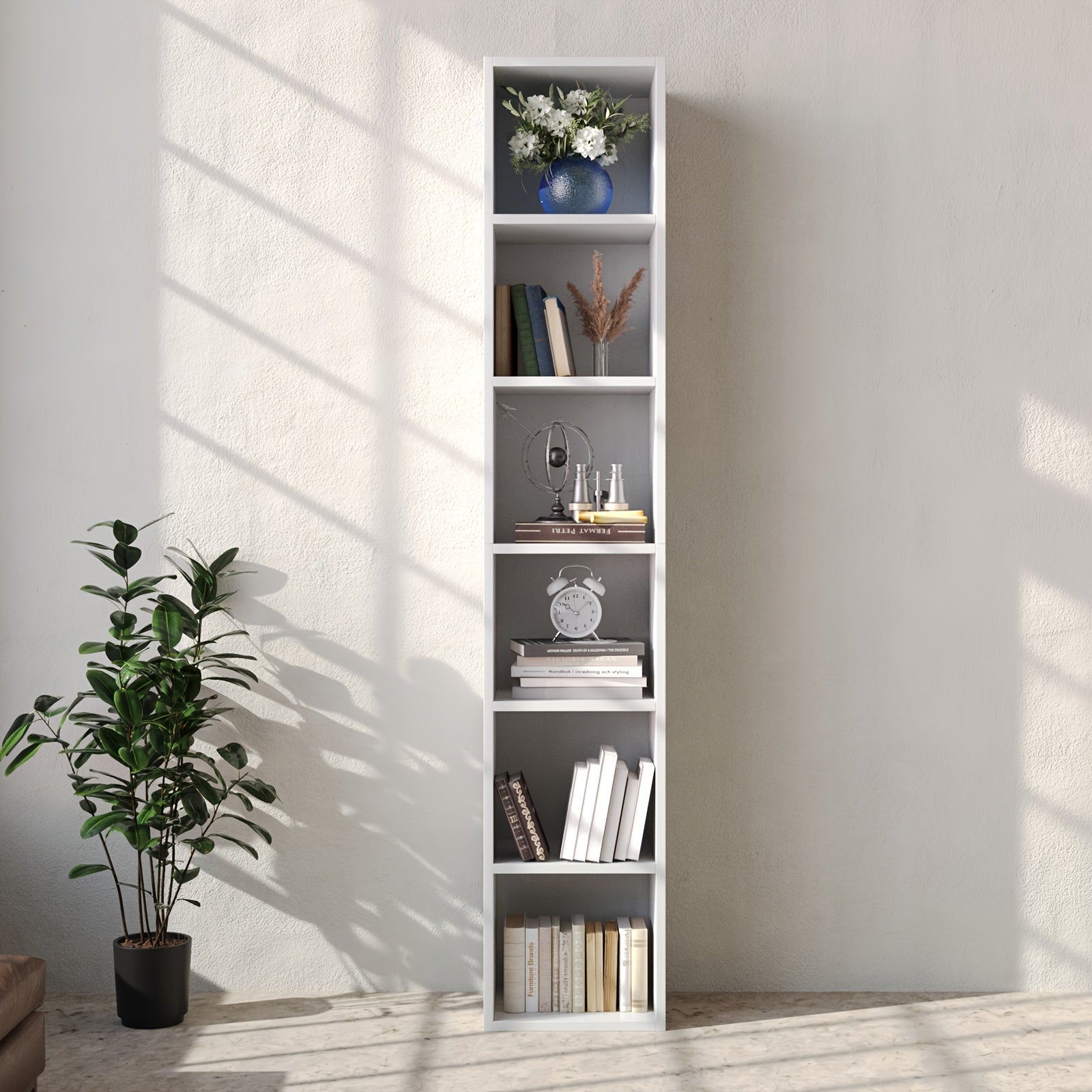 6 Tier Tall Narrow Bookcase, Modern Corner Bookcase, Cube Media Tower Rack, Cabinet, Floor Standing Display Storage Shelves For Small Spaces, For Home Office, Avaliable In Brown, Black And White Color