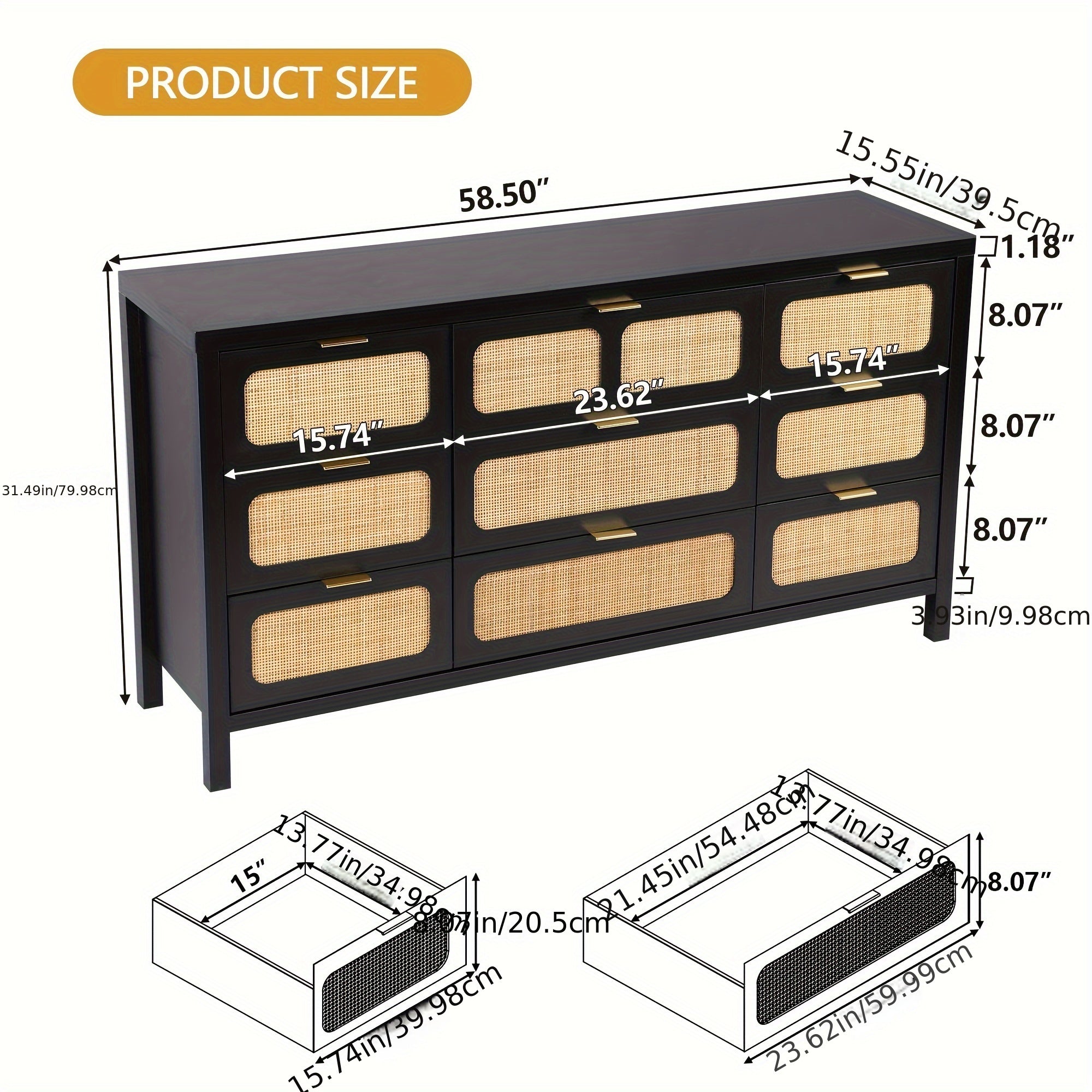 9 Drawer Dresser, Modern Rattan Dresser Chest With Large Storage And Metal Handles, Rustic Wood Storage Chest Of Drawers For Bedroom, Living Room, Entryway