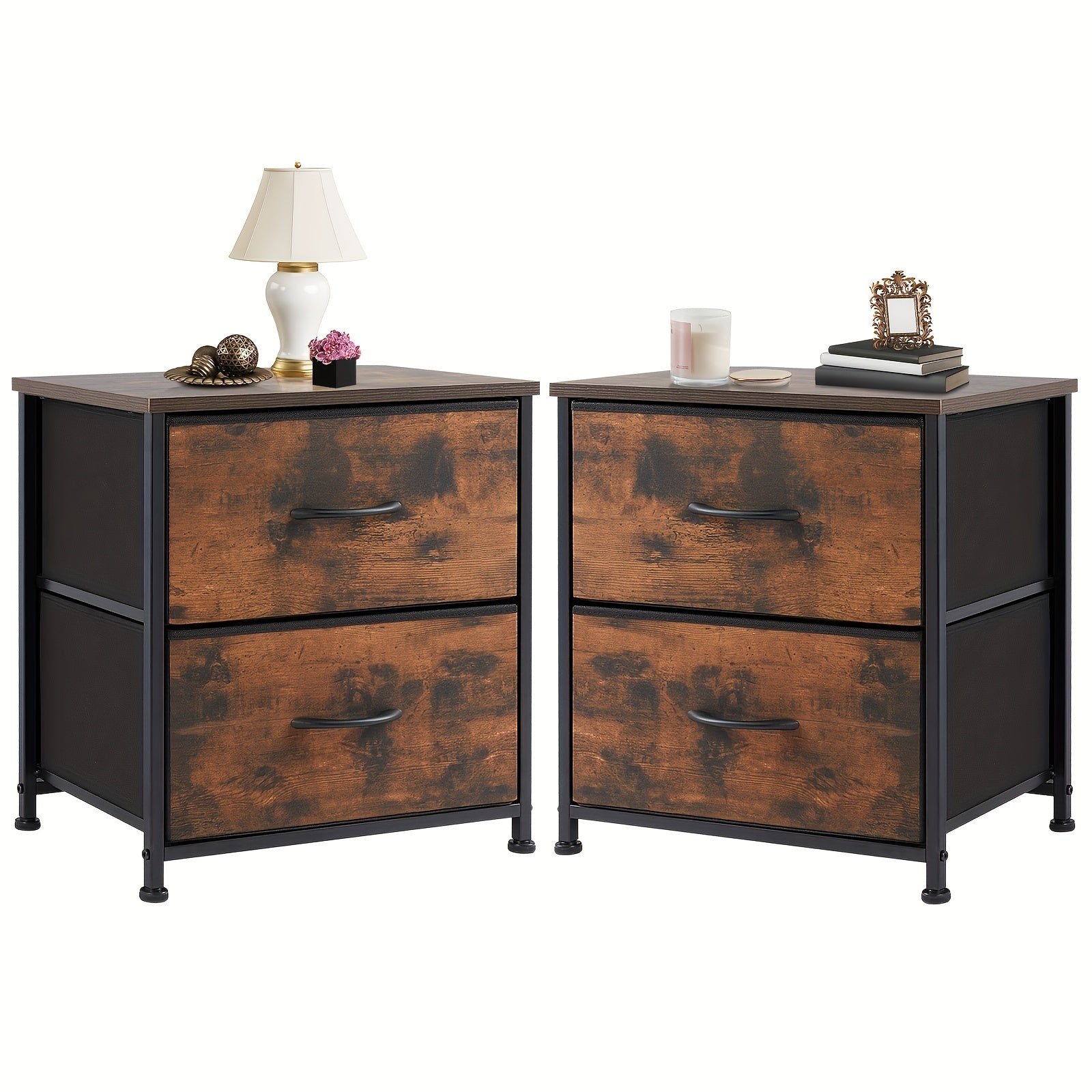 Nightstand Set Of 2 With 2 Storage Dresser, 20" Height Small Bed Side Furniture End Desk, Wooden Top Fabric Cabinet Mini Dresser For Storage And Organization, Bedroom, Room Decor, Car Accessories, Storage Drawer Units