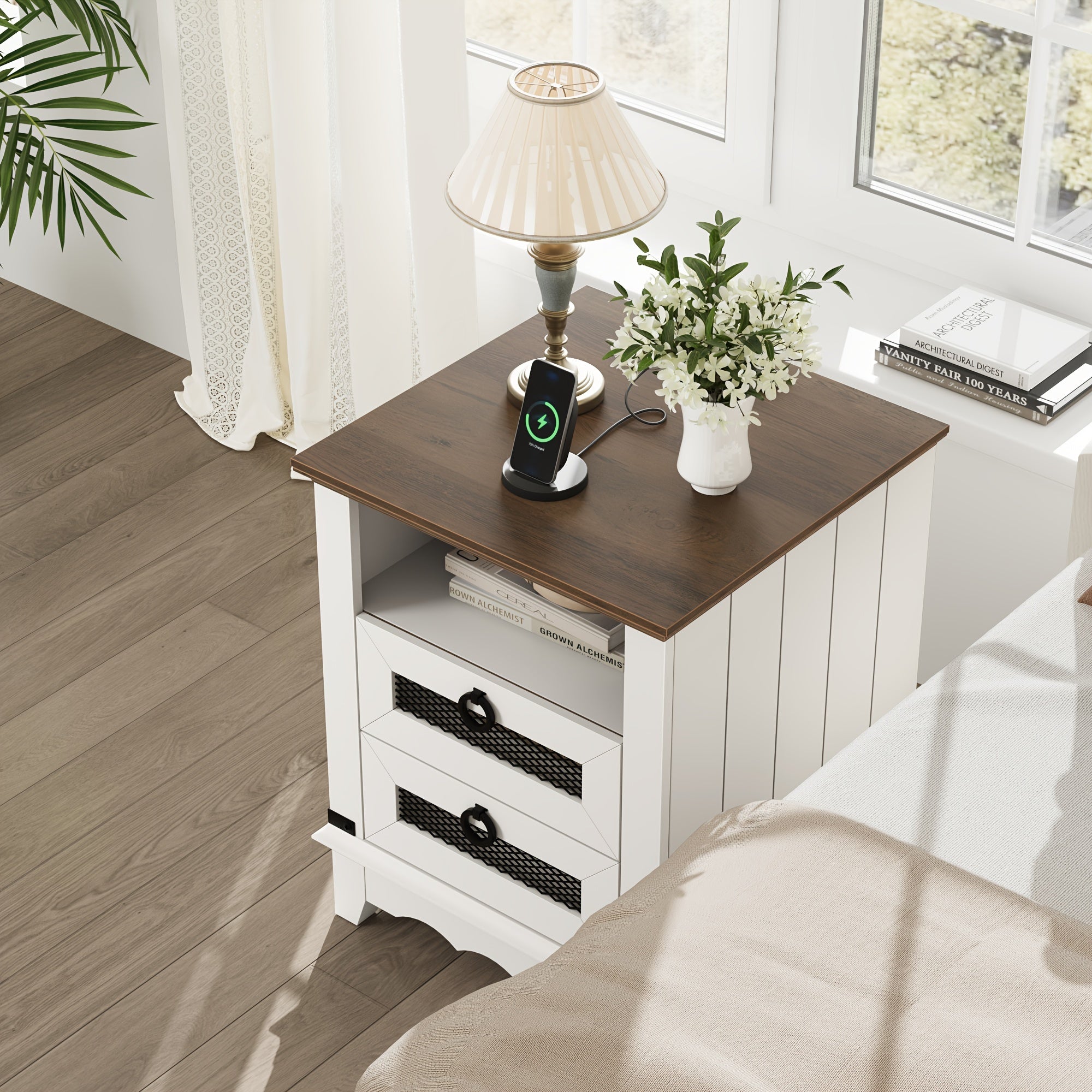 Farmhouse End Table White Nightstand Wood Sofa Table Square Side Table Nesting Table With 2 Drawers For Bedroom Living Room