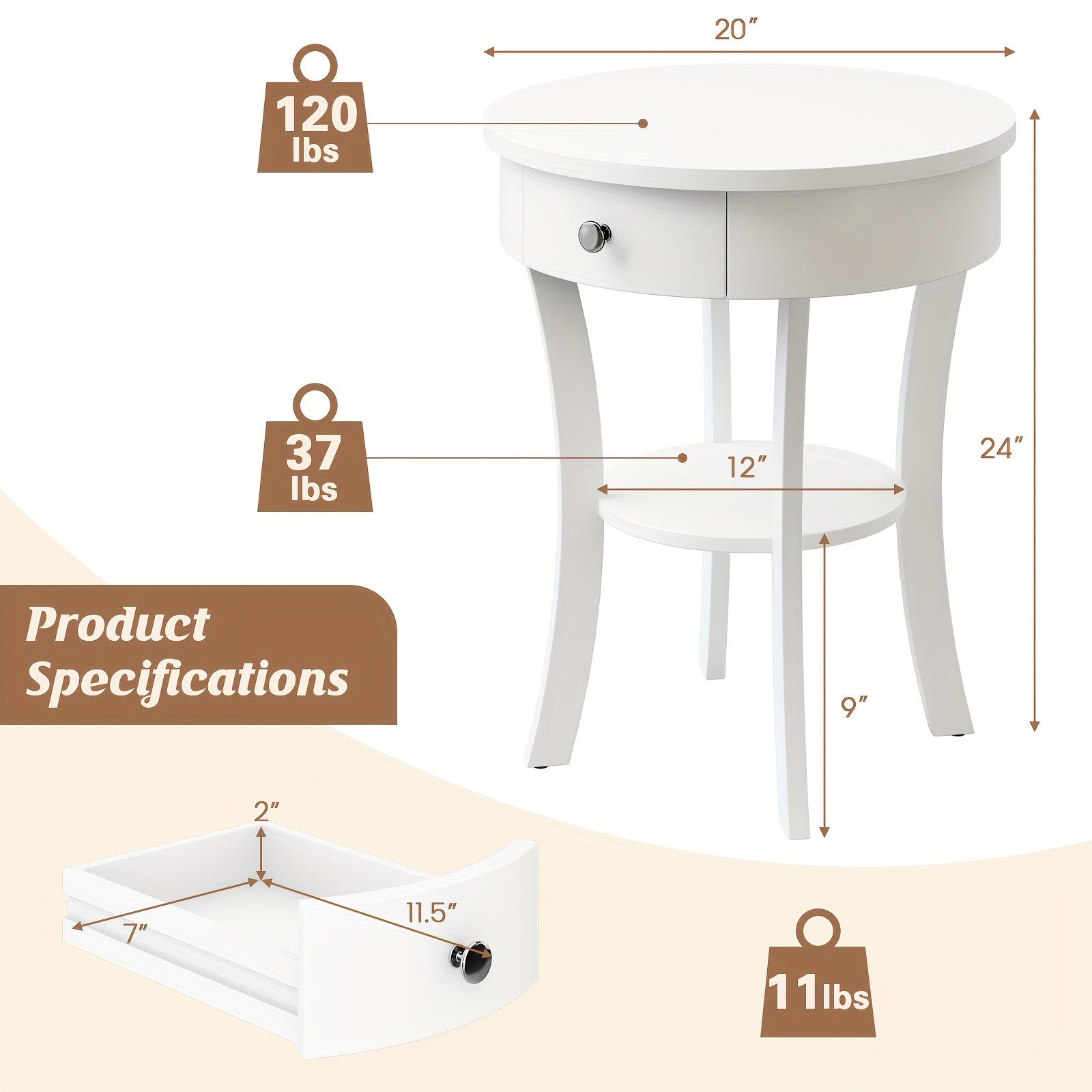 1pc Round End Table With Drawer, 2-tier Side End Sofa Table, Small Sofa Side Table For Small Space, Multipurpose Accent Table For Bedroom Living Room Home