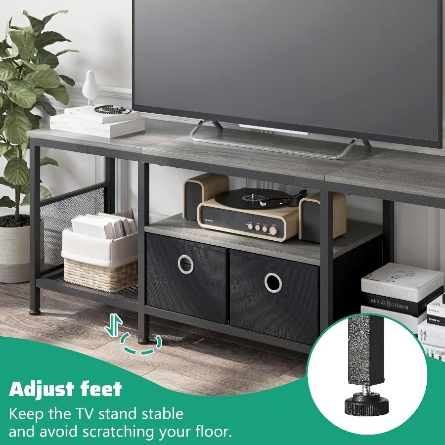 140cm Grey TV Stand with Fabric Drawers - Metal Entertainment Center for Living Room, Bedroom | Includes Media Console & Soundbar Shelf