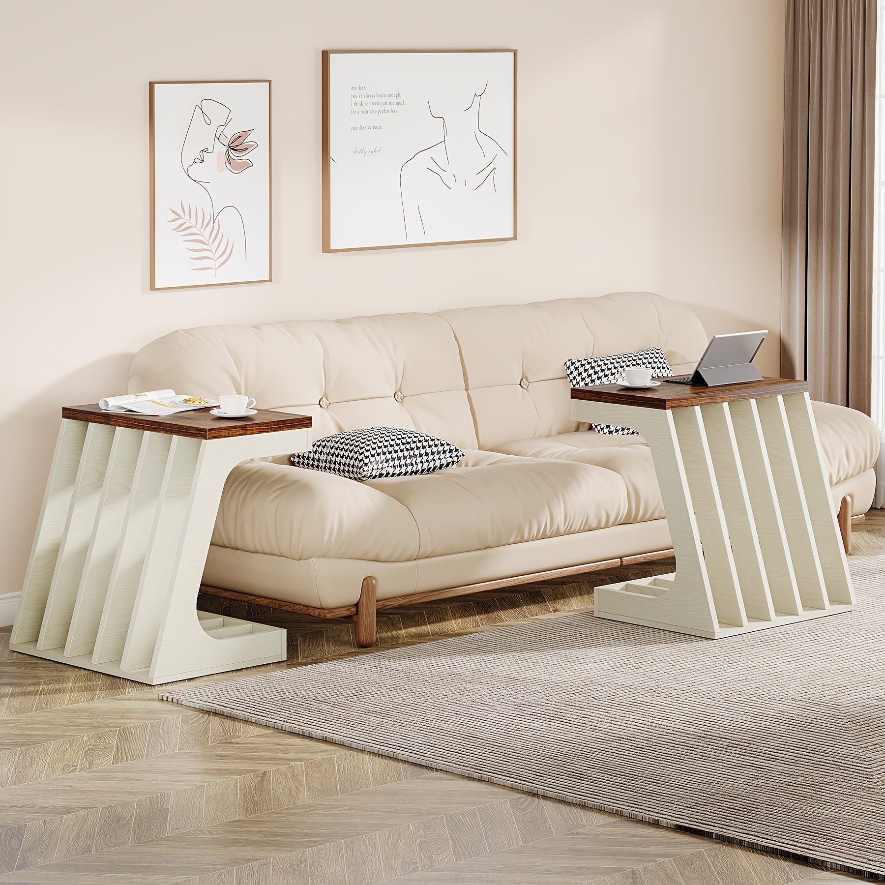 Modern End Table With 5 Storage Compartments, 23.62" W X 13.77" D Large Side Table For Living Room Or Bedroom, Easy Assembly, Rustic Brown & White Wood Grain