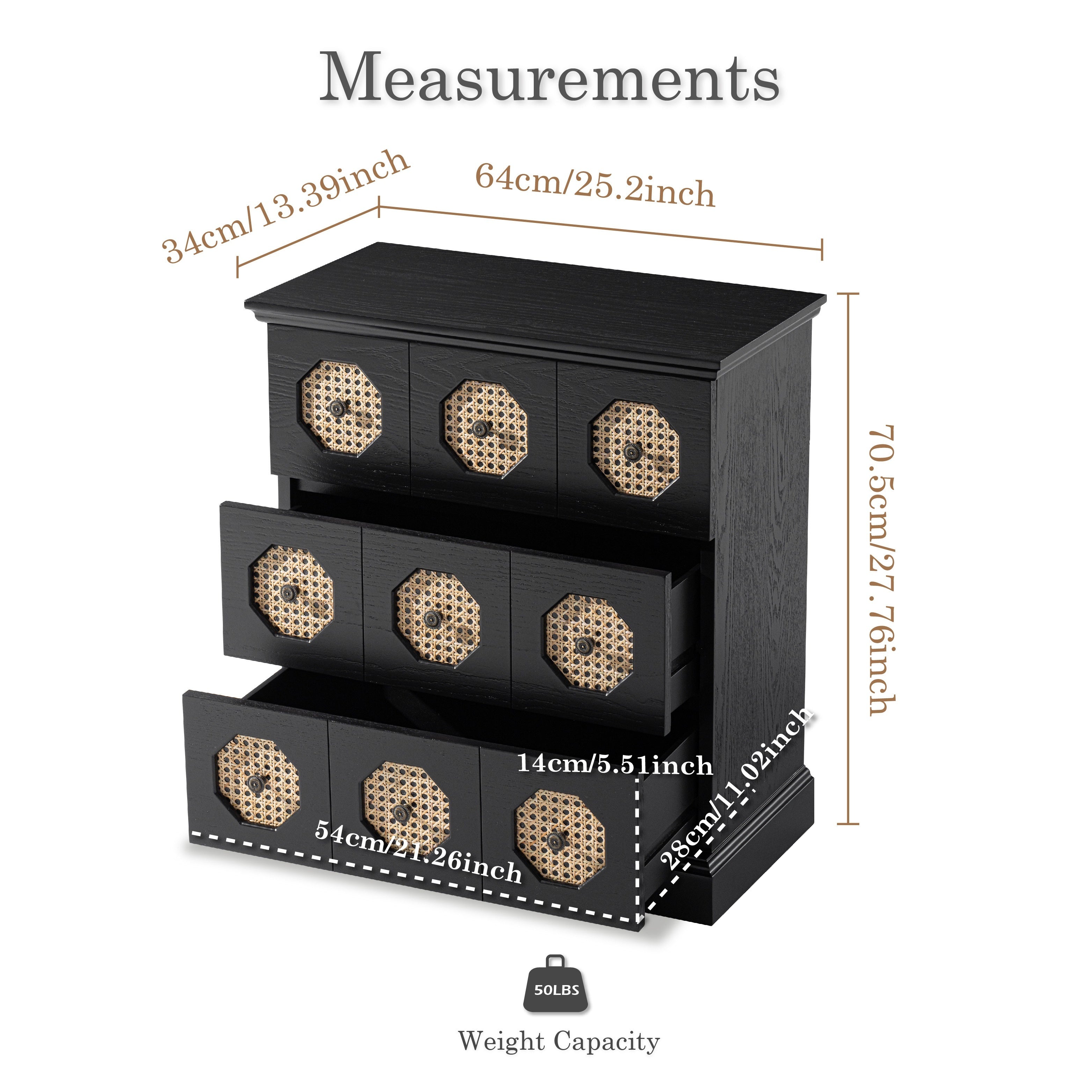 Farmhouse Rattan 3-Drawer Nightstand, Retro Chest Of Drawers With Octagonal Rattan Patterns For Bedroom, Living Room, Fully-Assembled, Black