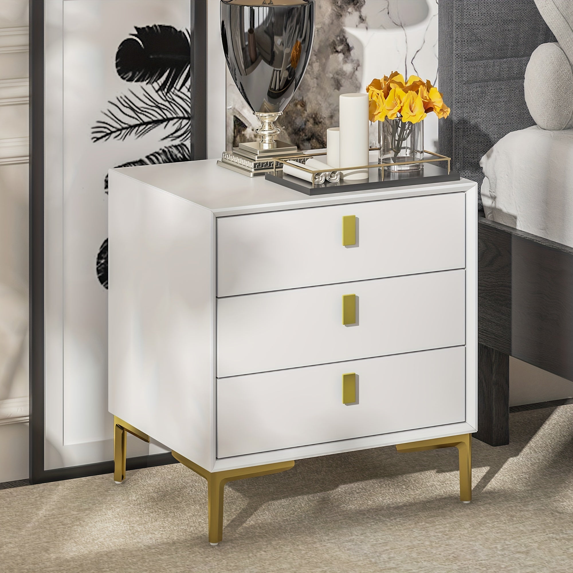 50cm Night Stand with 3 Deep Drawers, Modern Side Table with Metal Handles & Legs