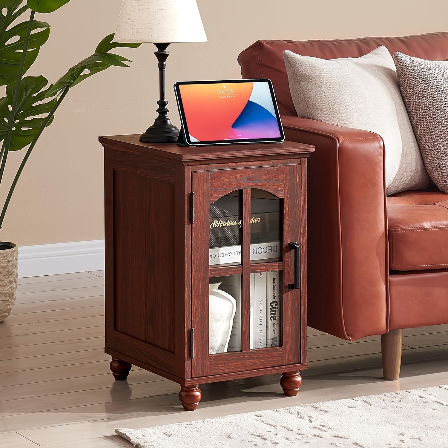 Narrow Side Table, Farmhouse Nightstand with Charging Station, Wood End Table with Glass Barn Door Storage, Cabinet Organizer with Adjustable Shelf, Night Stand for Small Spaces for Living Room Bedroom