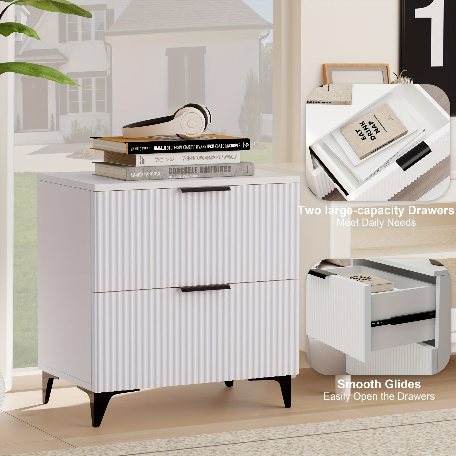 Nightstand With 2 Drawers Night Stand With Fluted Panel, Modern Bedside Table For Bedroom, Wood End Table Side Table For Living Room, Small Storage Cabinet