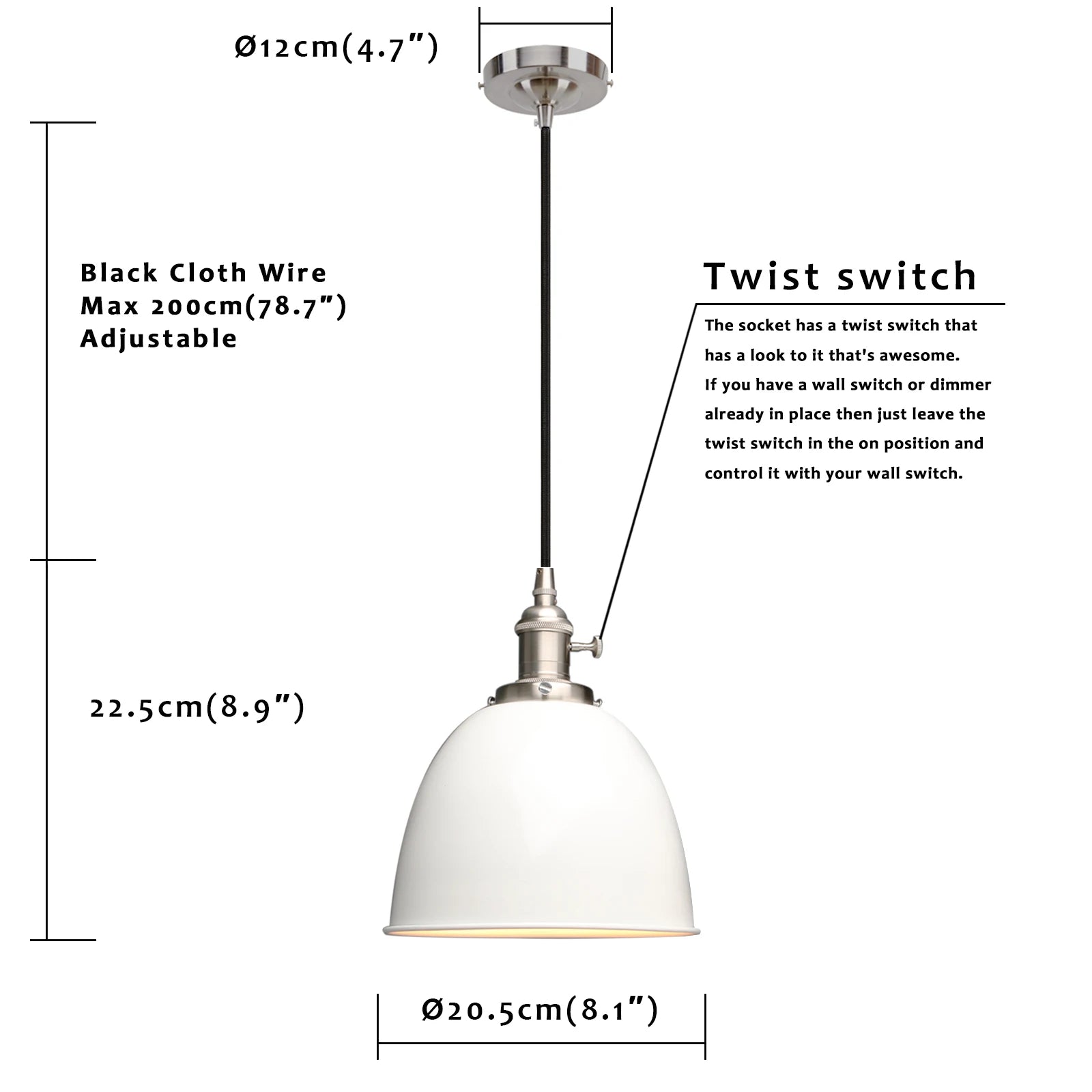 Vintage Style Pendant Light with Switch, Metal 8.1"/20cm Dome Lampshade Hanging Lamps ,for Living Room Kitchen Bedroom