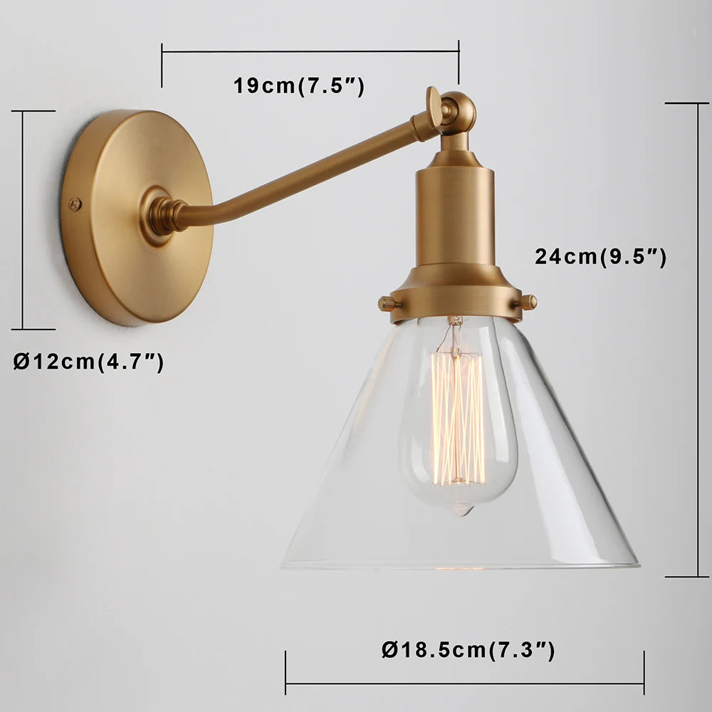 Industrial Vintage Slope Pole Wall Mount Single Sconce with Funnel Flared Clear Glass Shade Wall Sconce Light Lamp Fixture