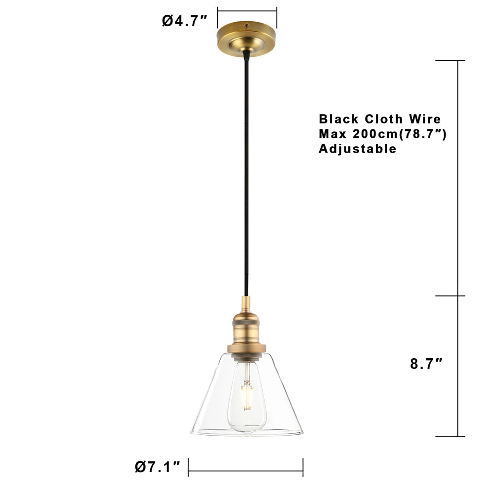 Industrial Vintage Pendant Light with Funnel Flared Glass Clear Glass Shade 1-Light Ceiling Fixture