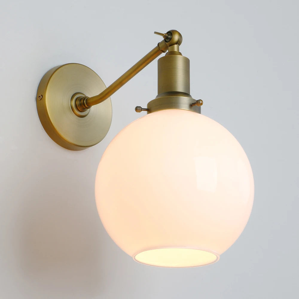 Industrial Vintage Slope Pole Wall Mount Single Sconce with 7.9" Globe Round Milk White Glass Shade Wall Sconce Light Lamp