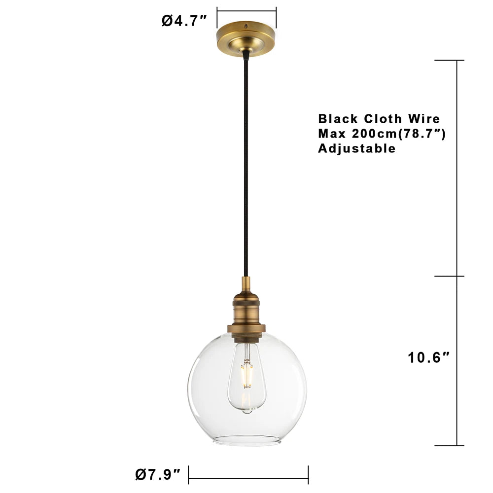 1-Light Vintage Industrial Clear Glass Hanging Pendant Light with 7.9" Globe Round Shade