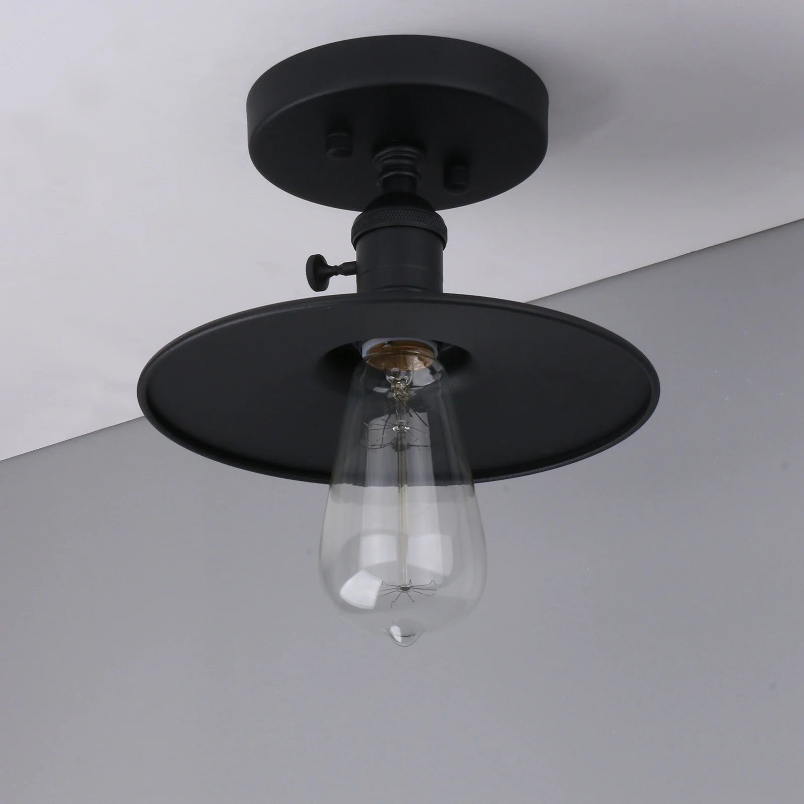 Semi Flush Mount Ceiling Light Matte Black Finished Pendant Light with 7.87 Inches Flat Metal and ON/Off Button