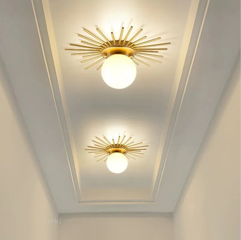 Nordic Round Glass Ceiling Lights Sun Shape Gold Metal Ceiling Lights G9 Modern LED Hallway for Locker Room Corridor luminaire