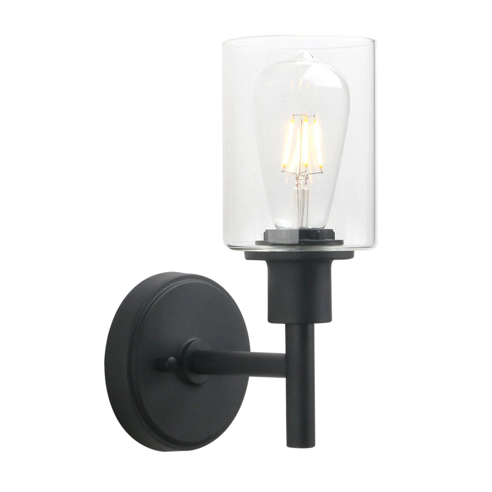 Black Wall Sconce Light 1-Light Matte Black Bathroom Vanity Light Fixture with 3.94 Inches Glass Light Shade