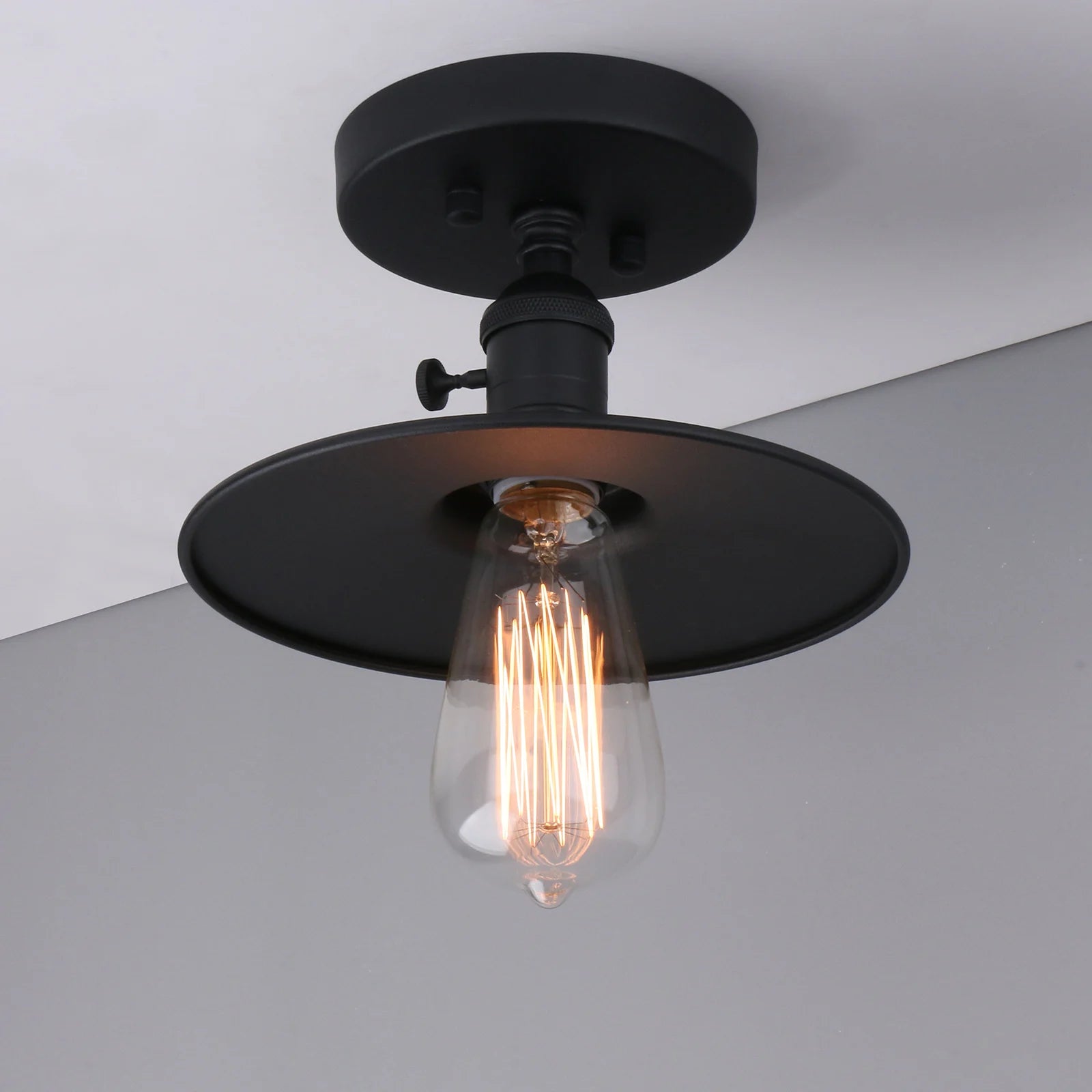 Semi Flush Mount Ceiling Light Matte Black Finished Pendant Light with 7.87 Inches Flat Metal and ON/Off Button